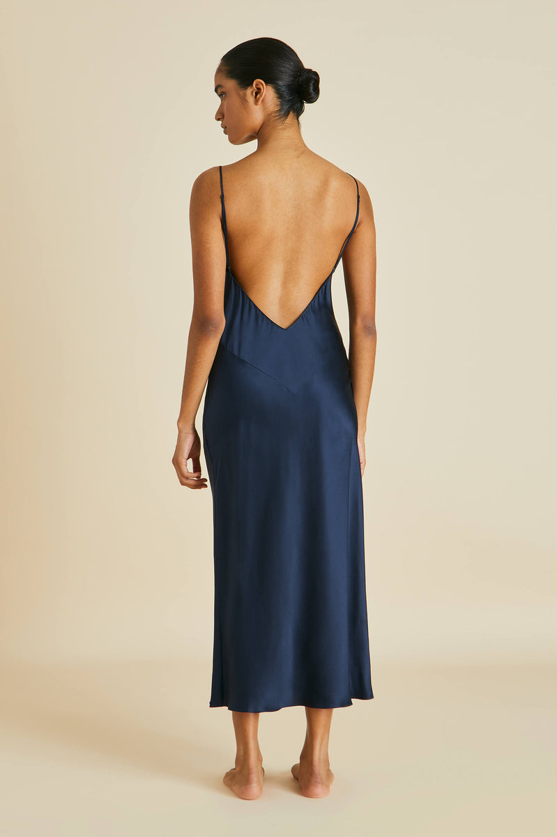 Issa Navy Slip Dress in Silk Satin Olivia von Halle