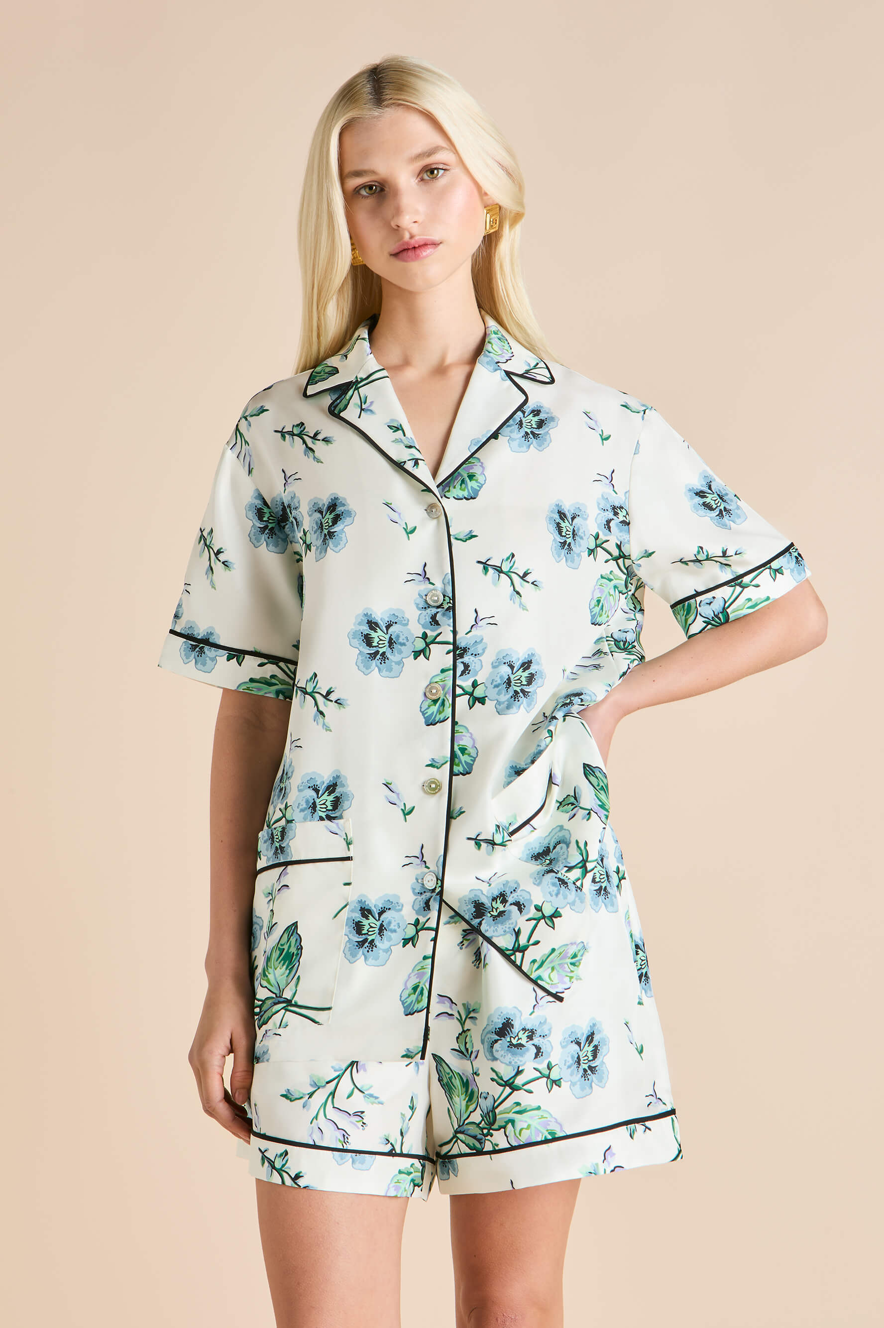 ingo caldwell ivory floral pajamas in silk twill