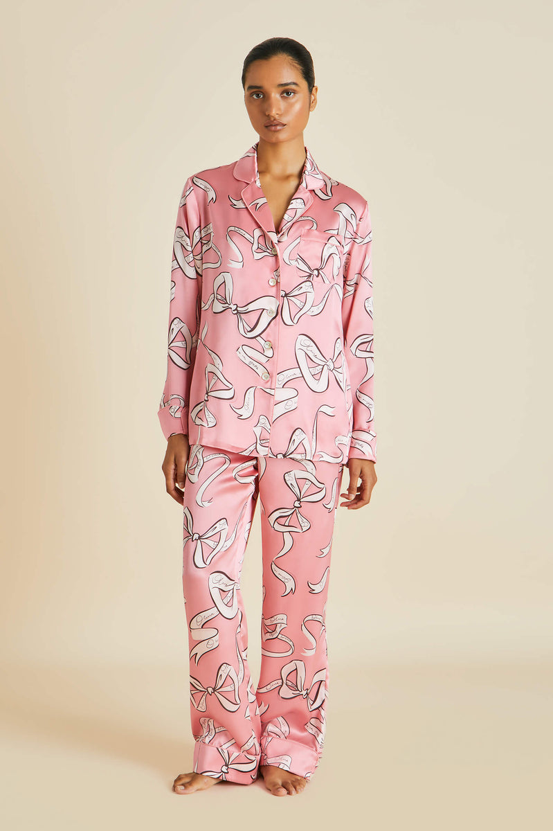 Lila Aileas Pink Bow Silk Satin Pajamas - Olivia von Halle