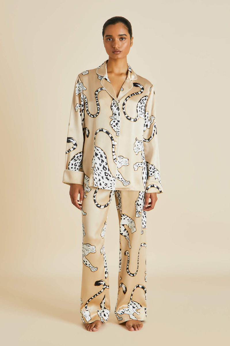 Lila Muir Beige Leopard Silk Satin Pajamas - Olivia von Halle