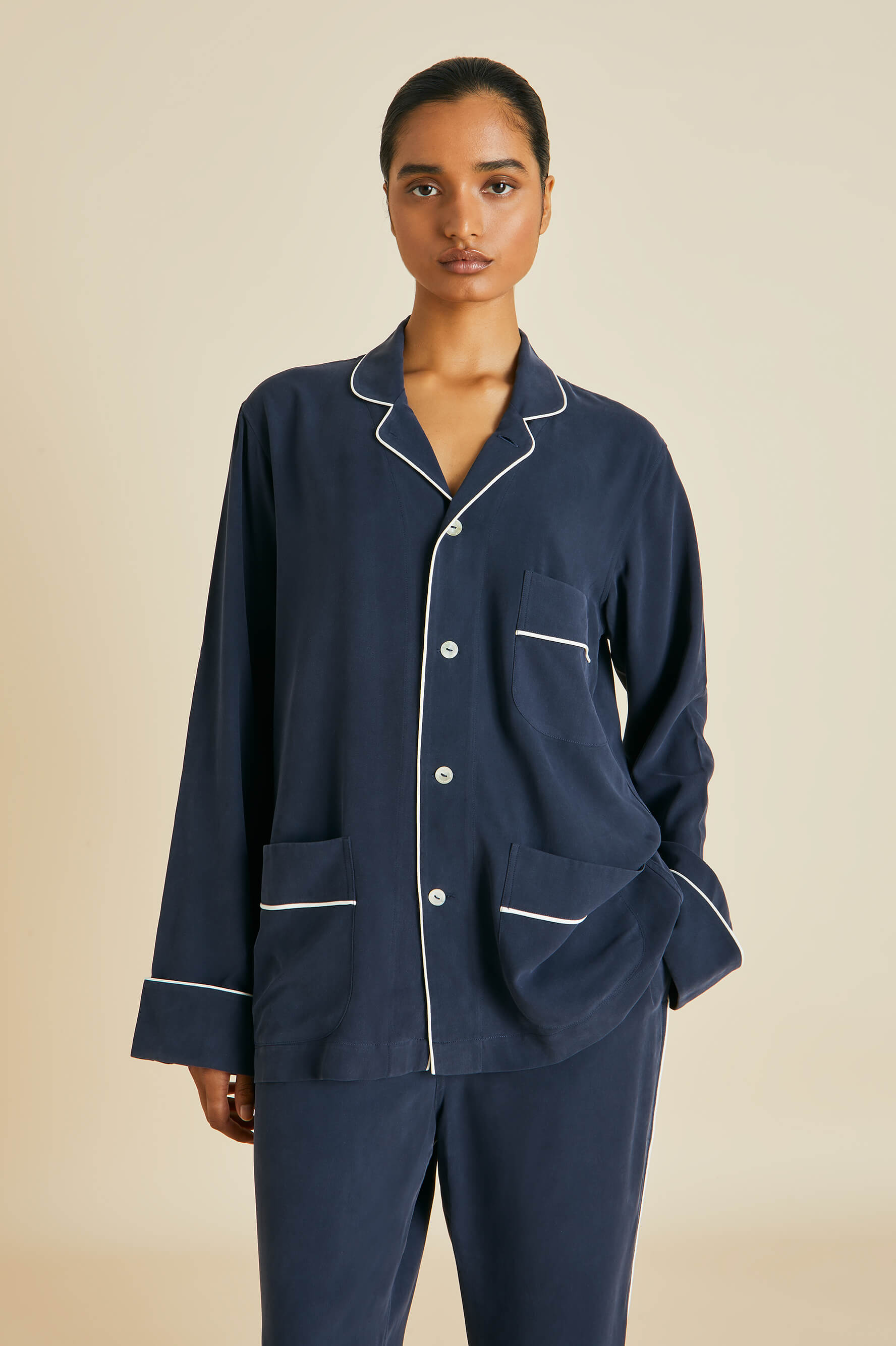 Laurent Navy Pajamas in Sandwashed Silk