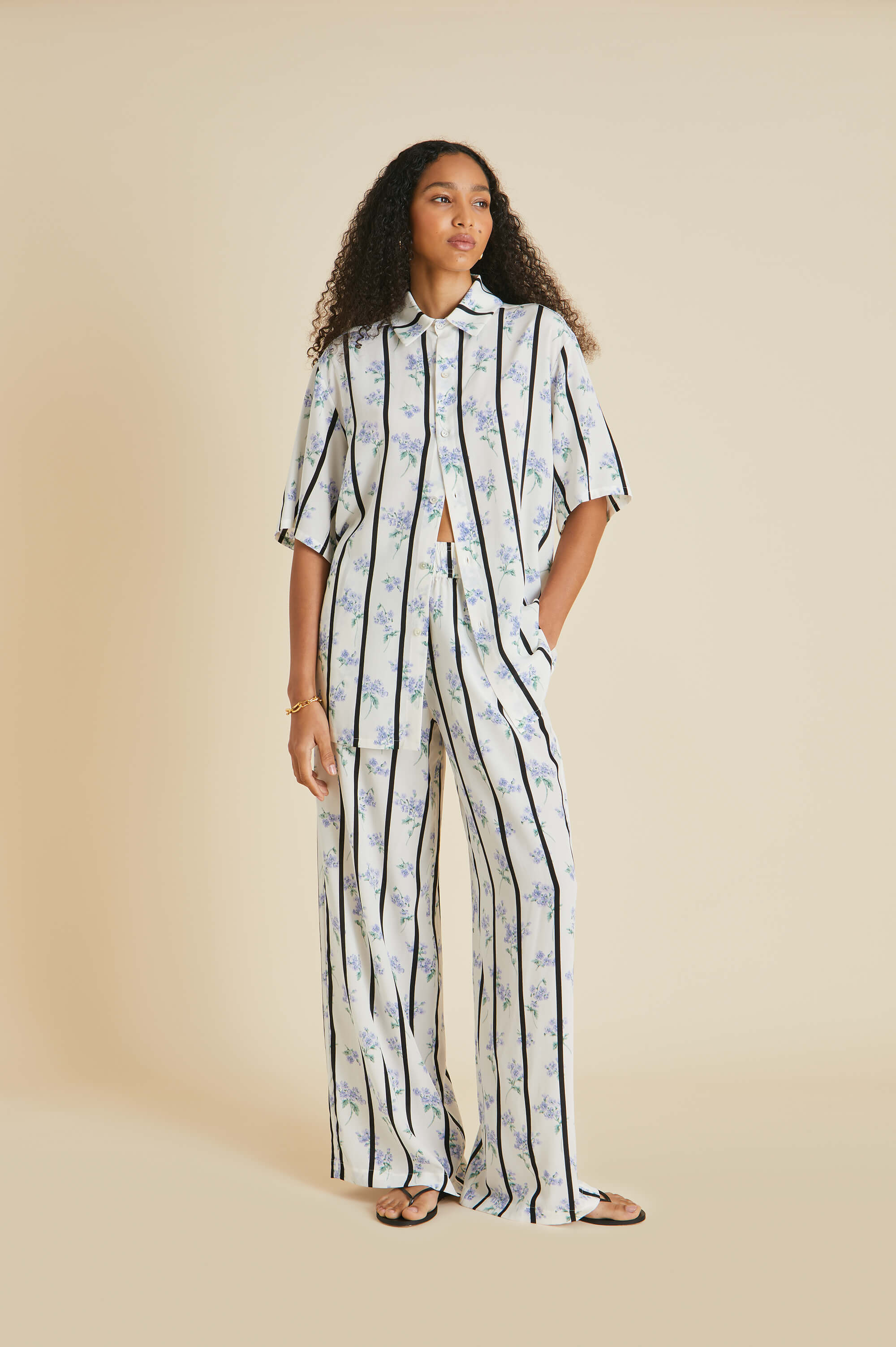 Alabama Hypnos Ivory Stripe Pajamas in Silk Crêpe de Chine