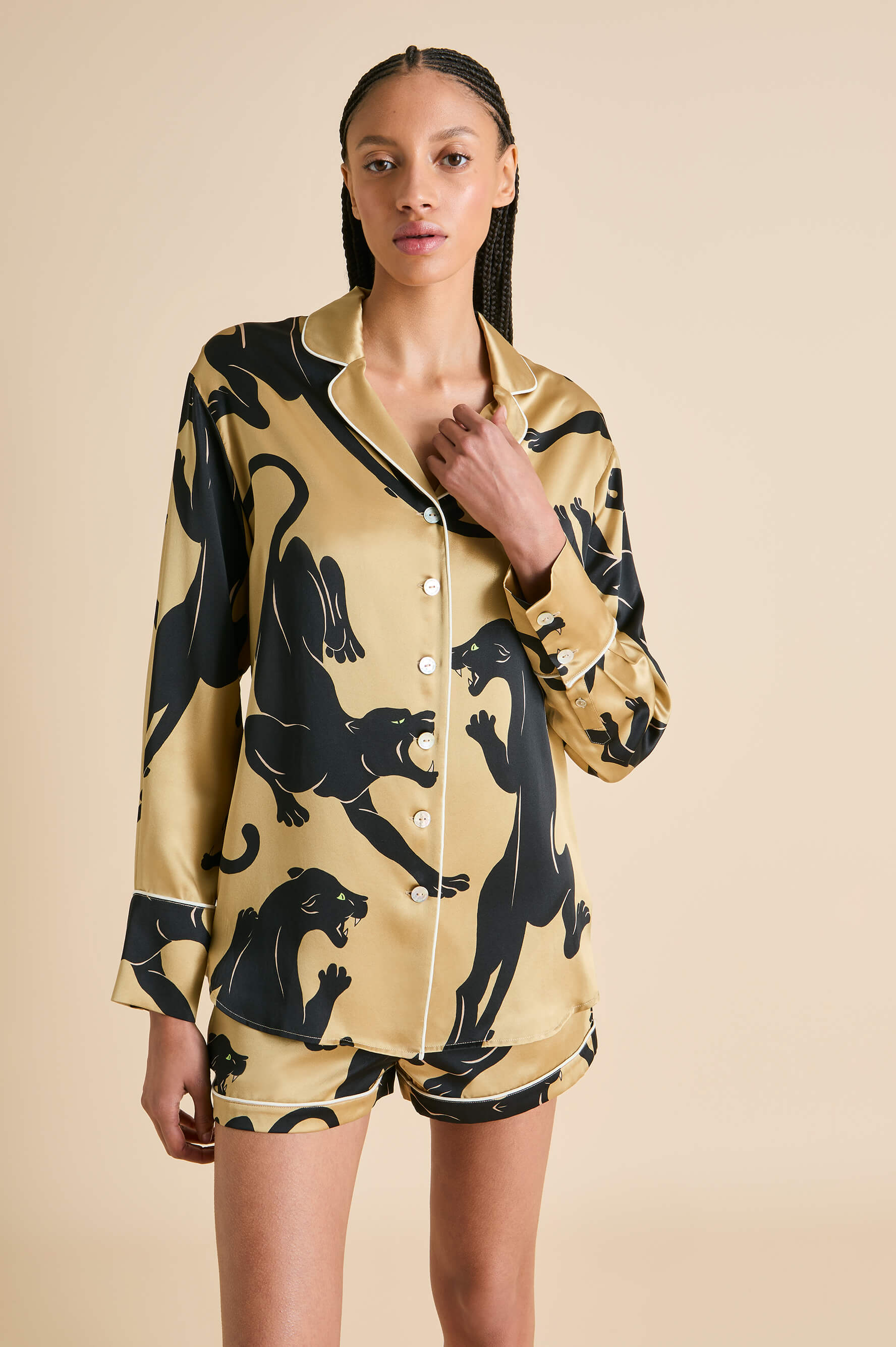 Alba Perriand Gold Panther Pajamas in Silk Satin