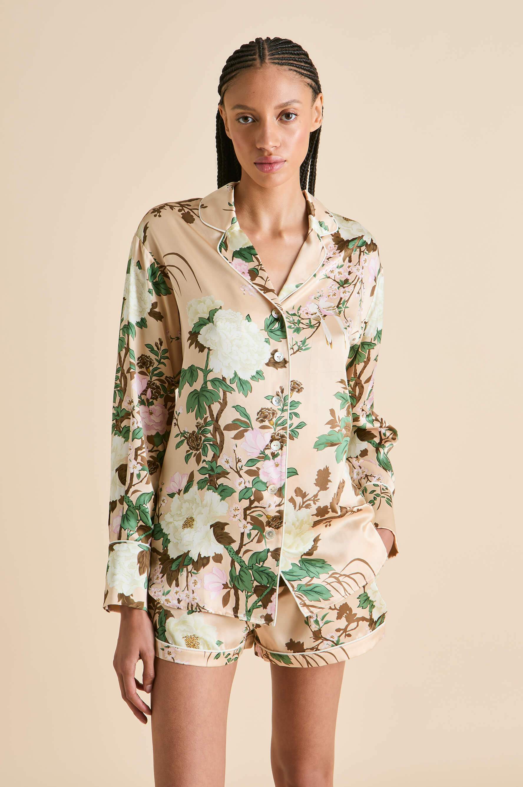 Alba Tirtoff Cream Floral Pajamas in Silk Satin