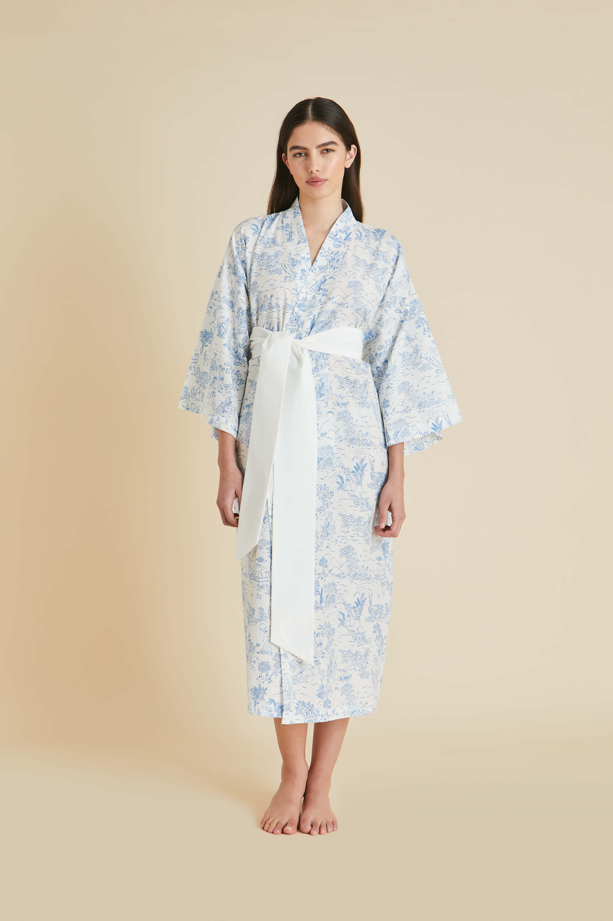 Amaya Eros Ivory Toile de Jouy Robe in Cotton-Silk