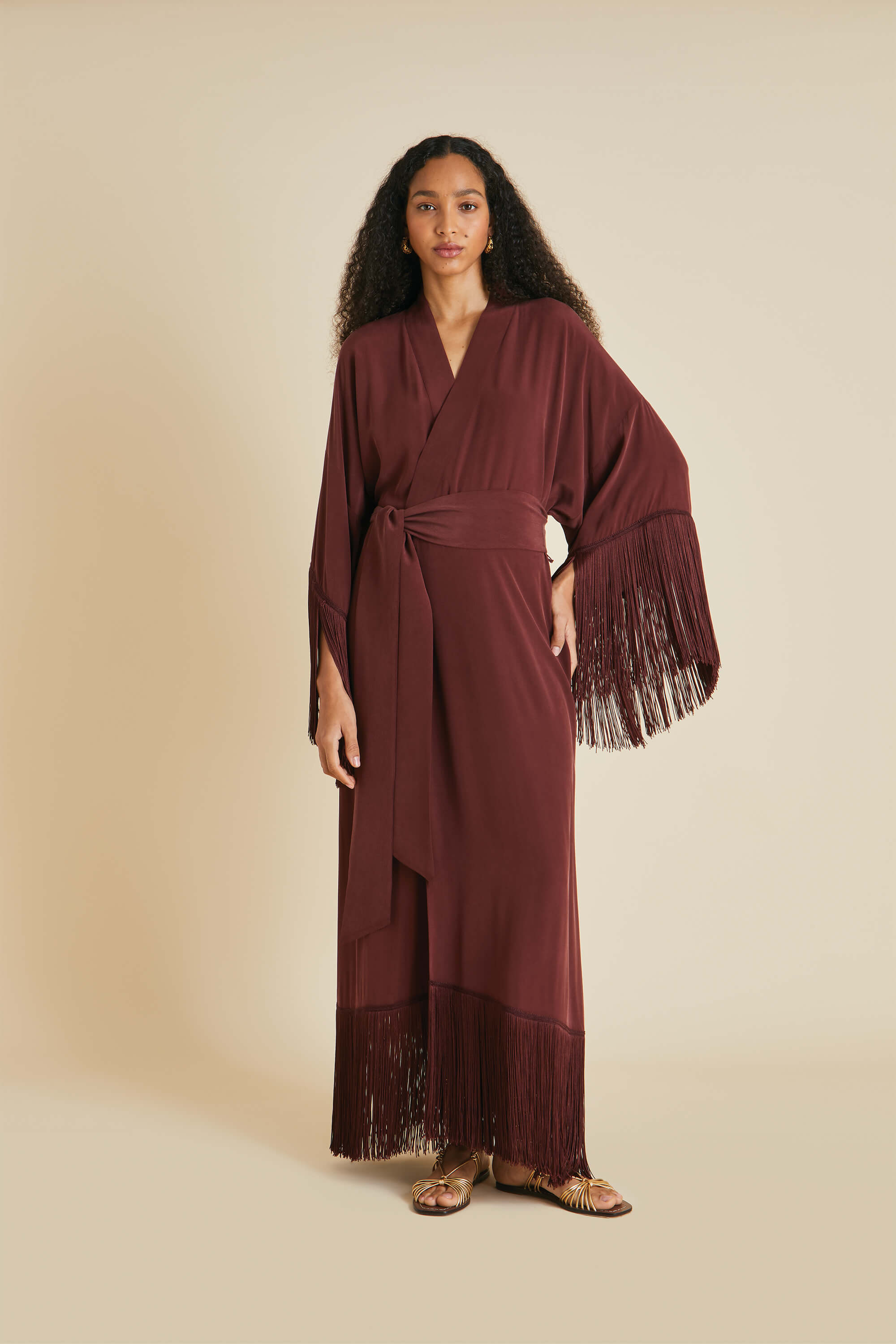 Amina Burgundy Fringed Robe in Silk Crêpe de Chine