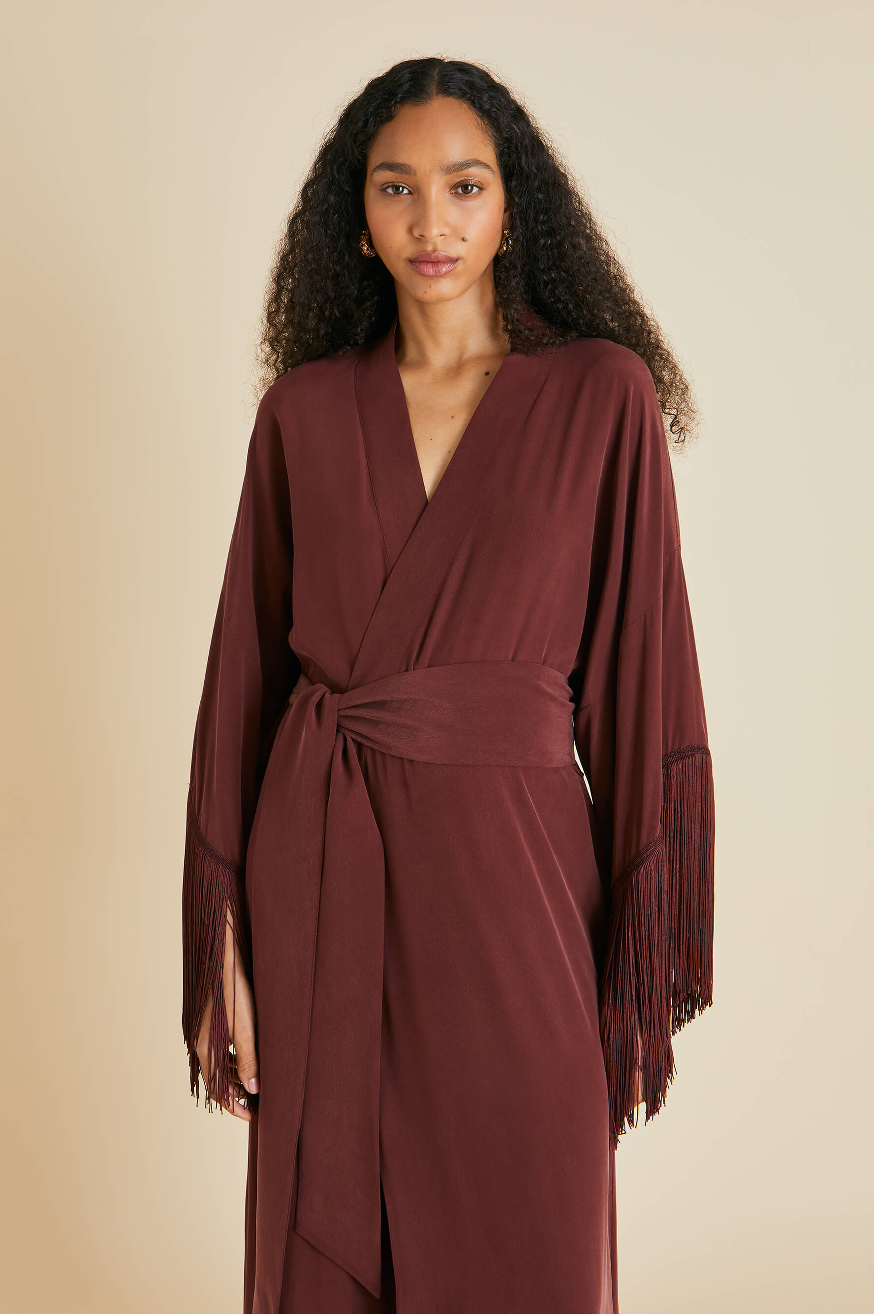 Amina Burgundy Fringed Robe in Silk Crepe de Chine Olivia von Halle