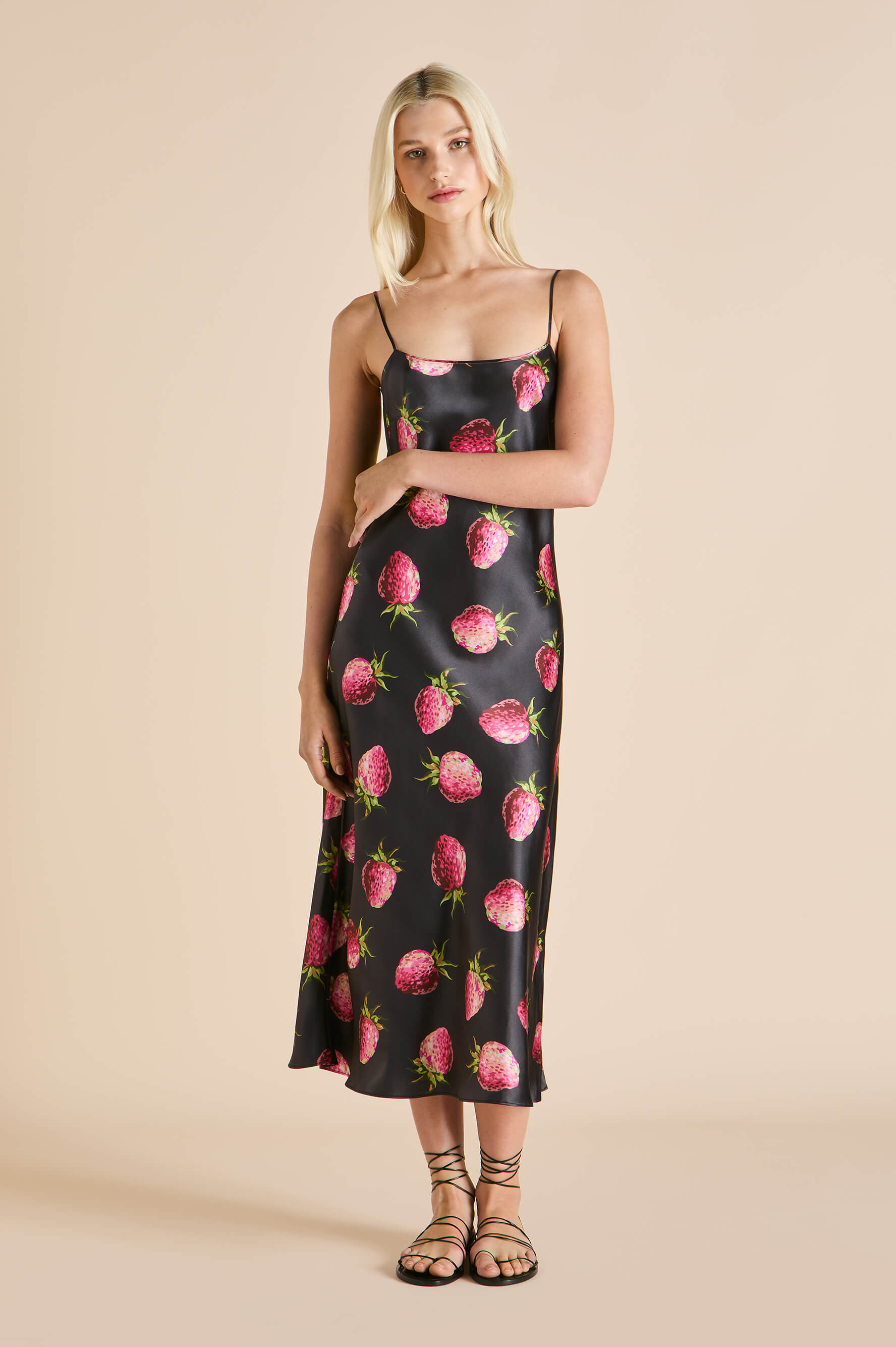 artemis brigham black strawberry slip dress in silk satin 