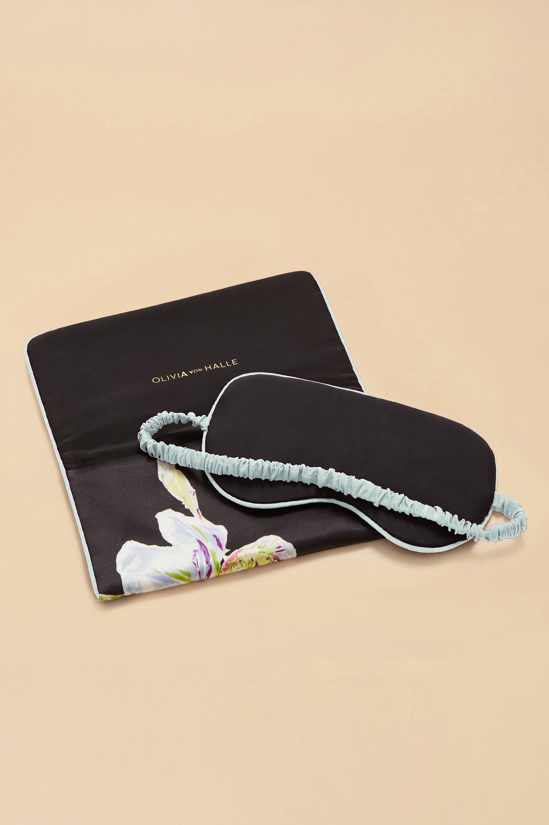 Audrey Athena Black Floral Eye Mask in Silk Satin