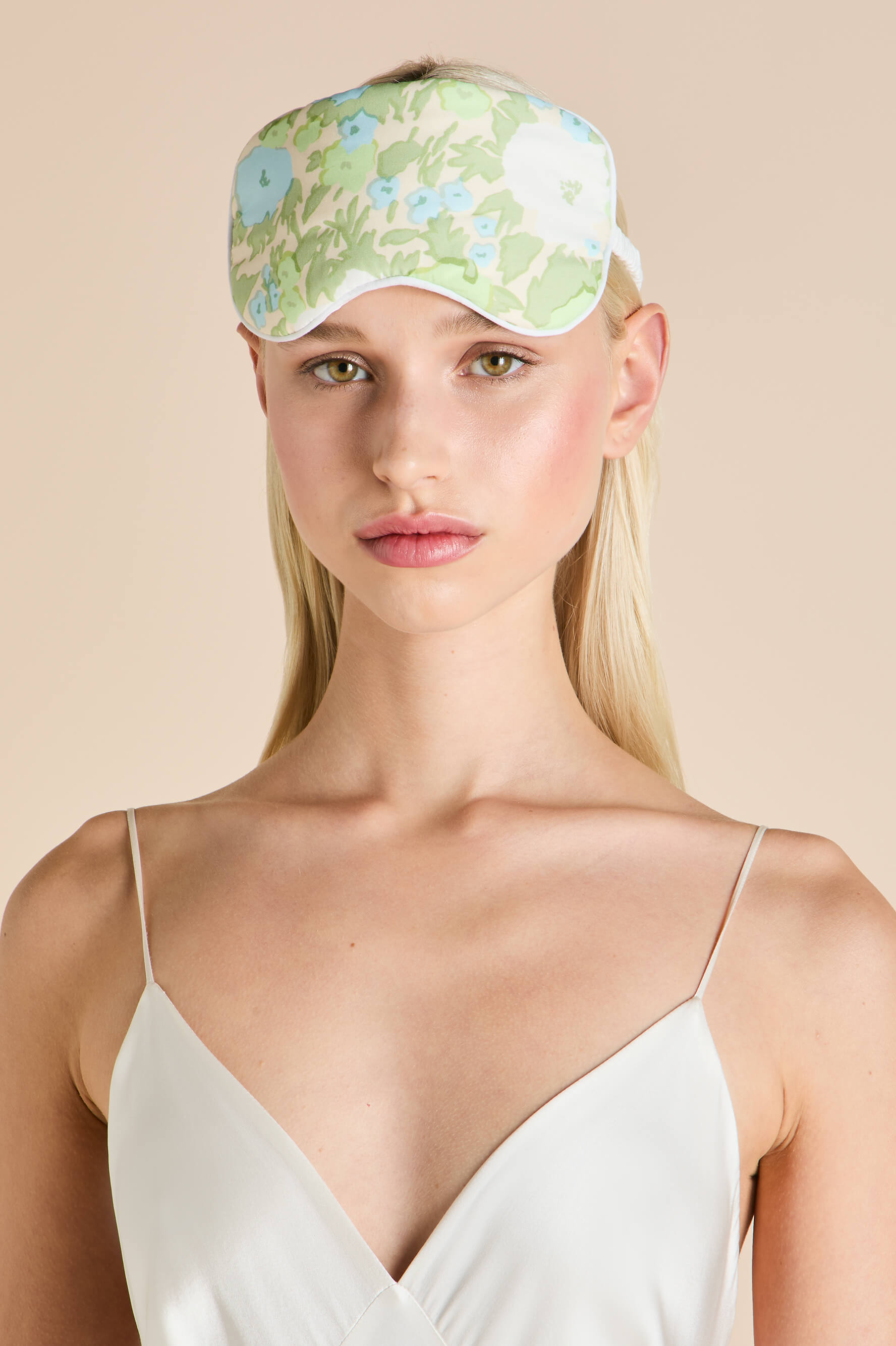 Audrey Hester Green Floral Eye Mask in Cotton-Silk