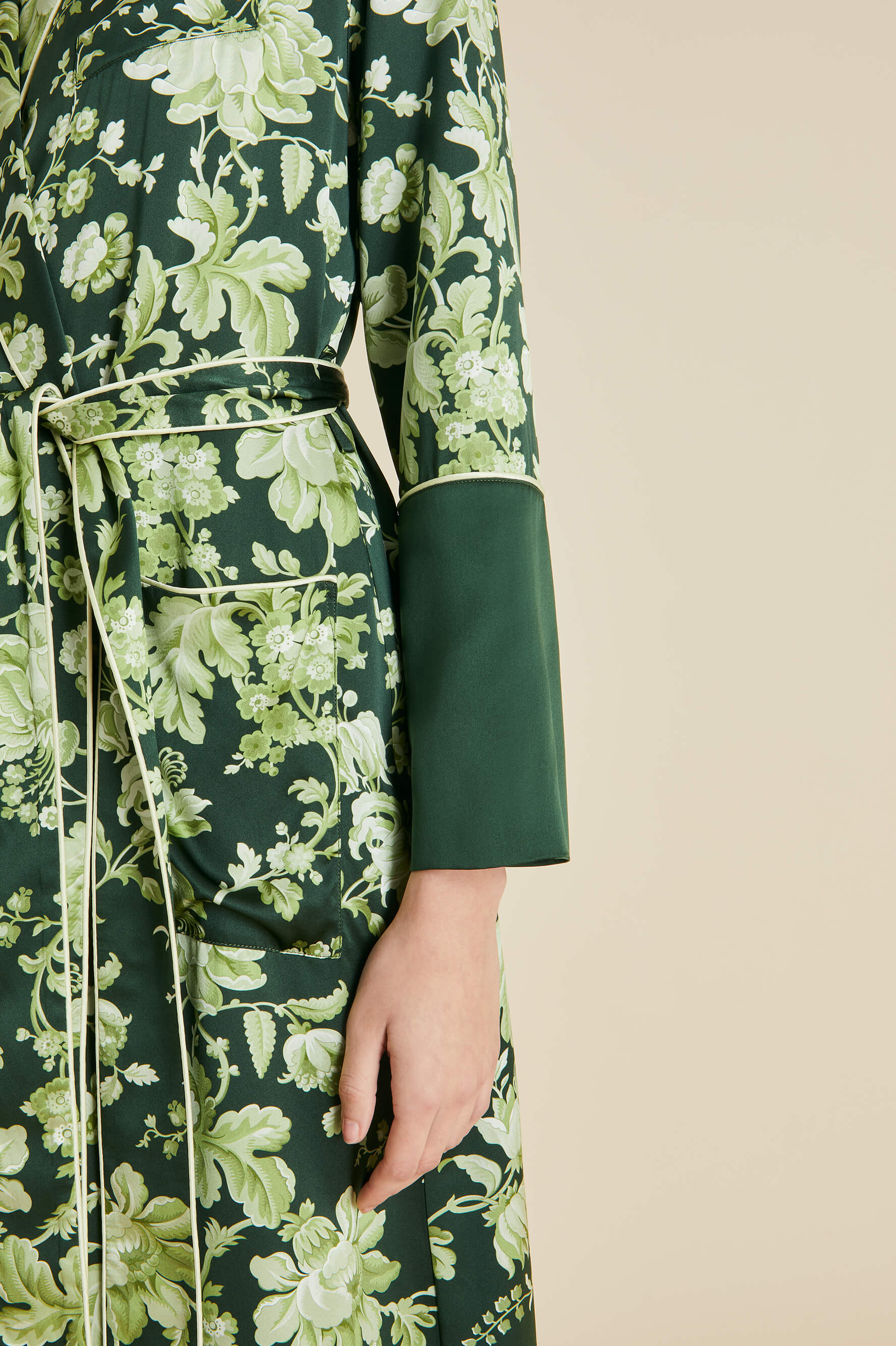 Capability Ares Green Floral Robe in Silk Satin