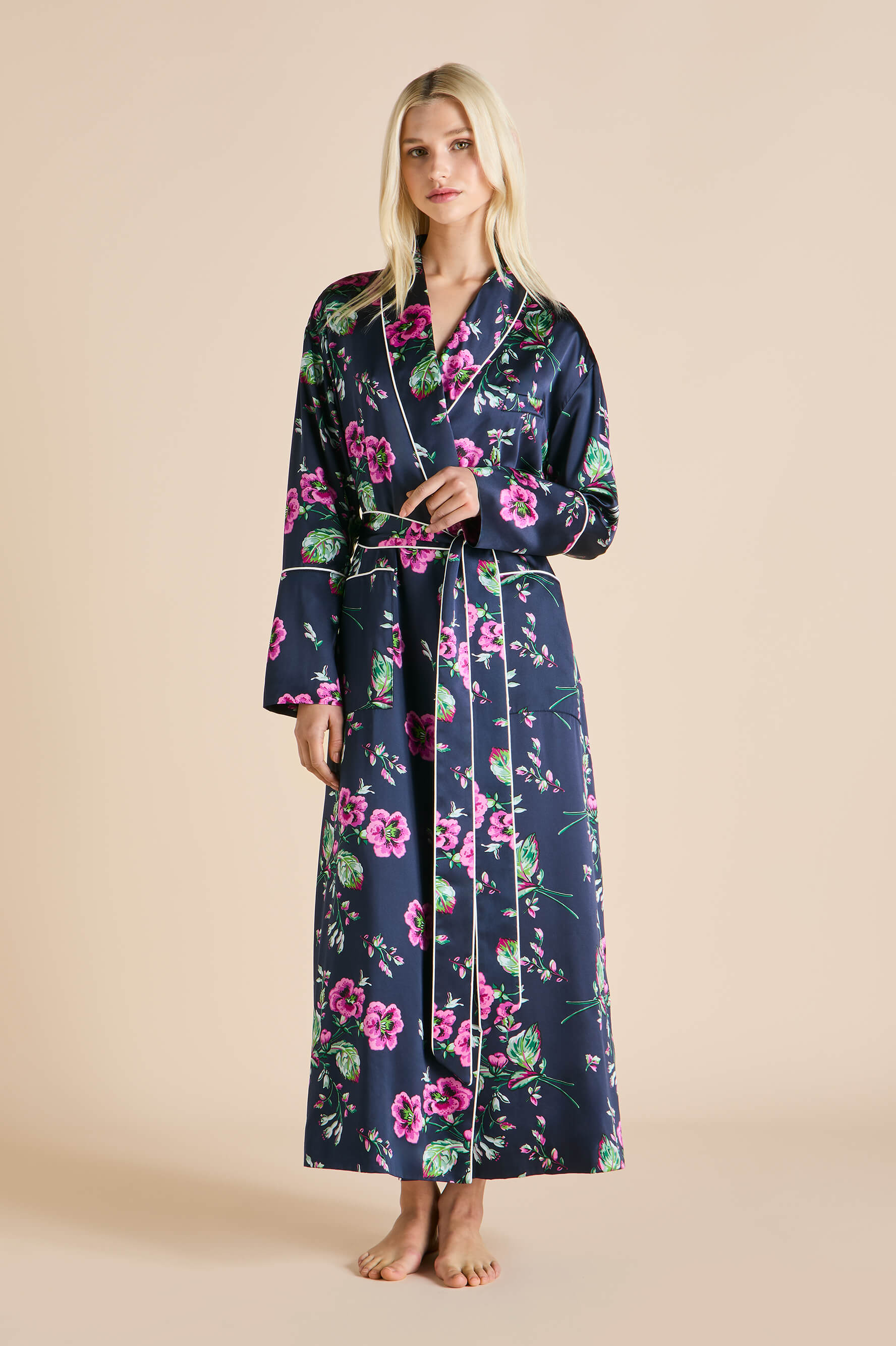 Capability Madison Navy Floral Robe in Silk Satin