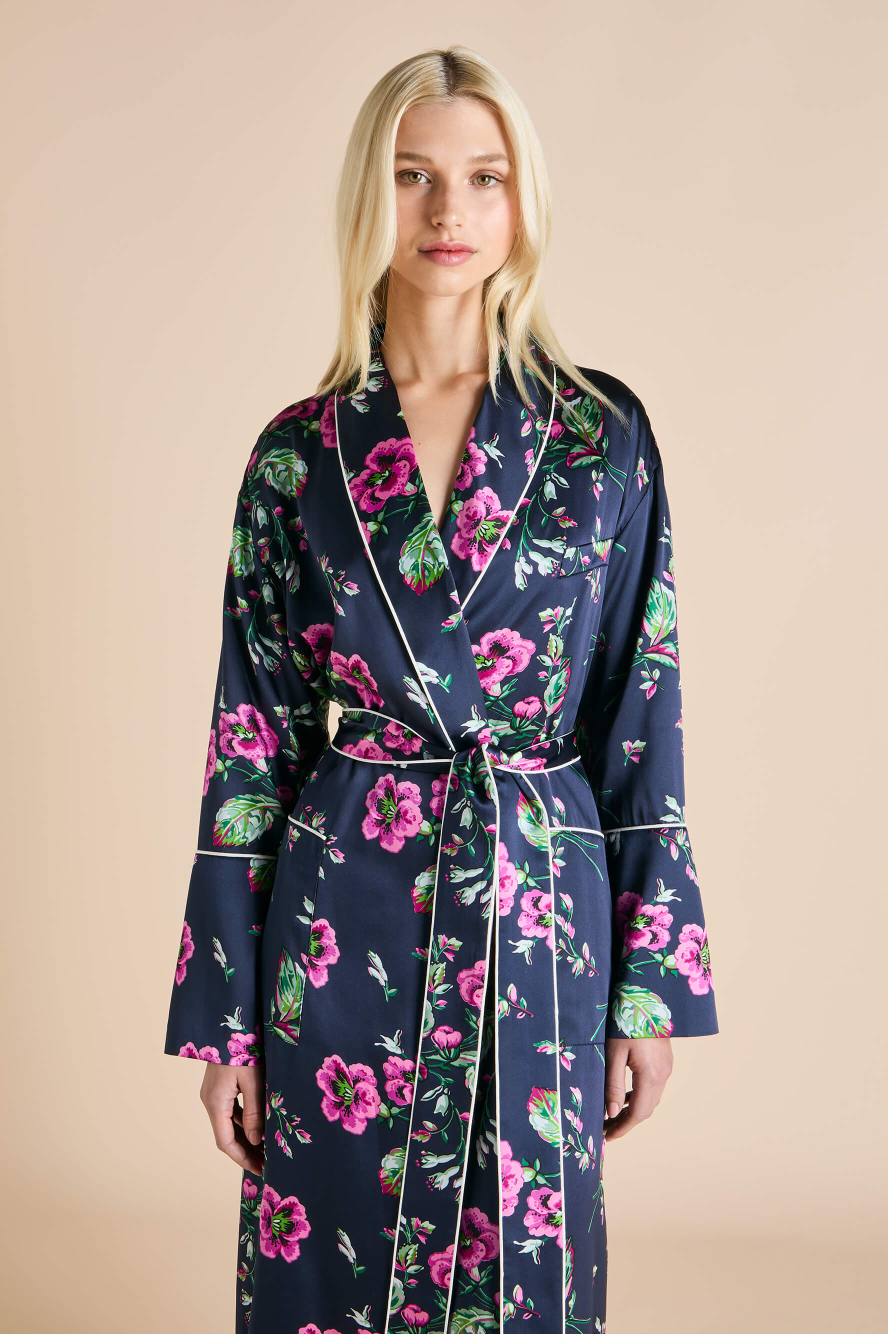 Capability Madison Navy Floral Robe in Silk Satin