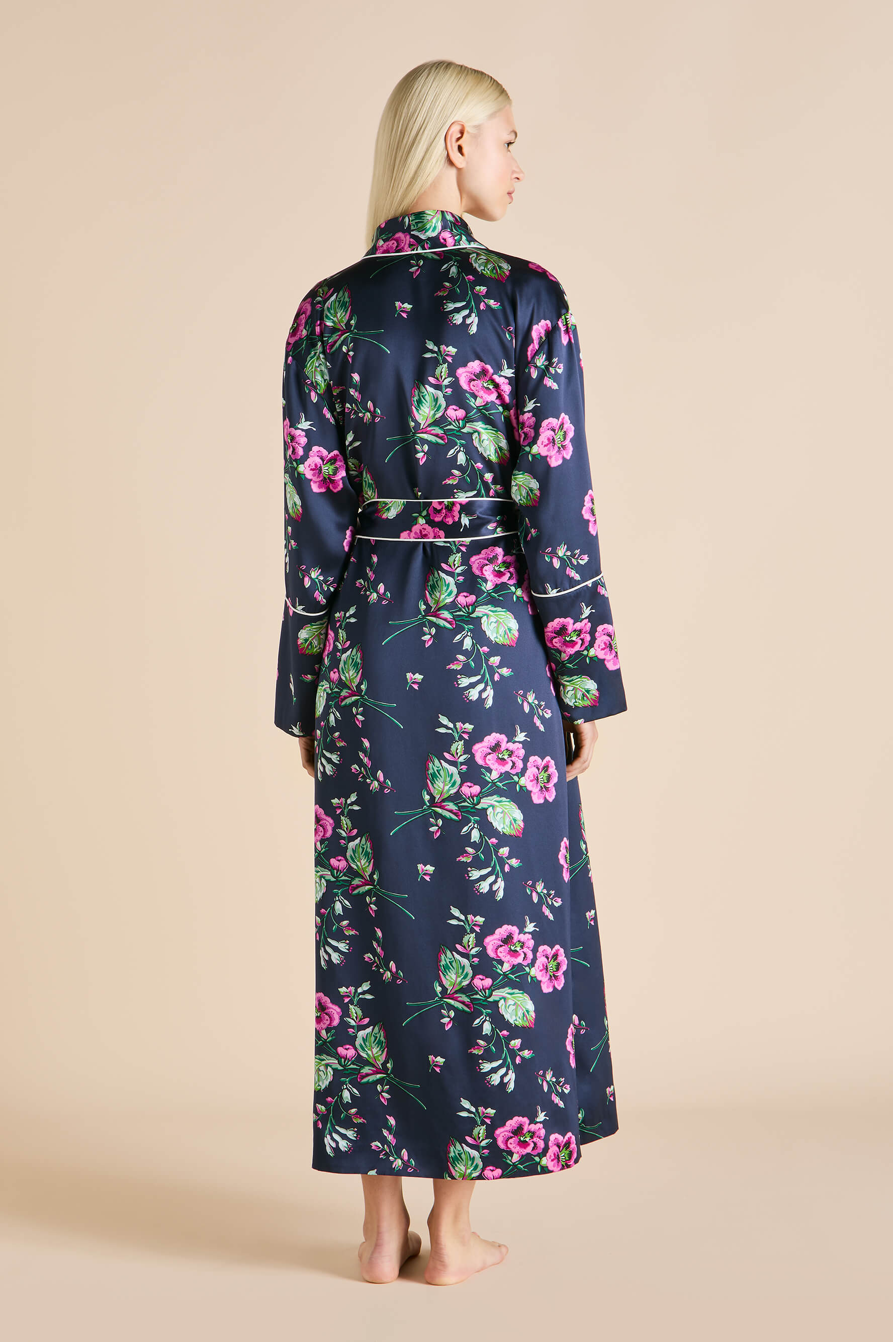 Capability Madison Navy Floral Robe in Silk Satin