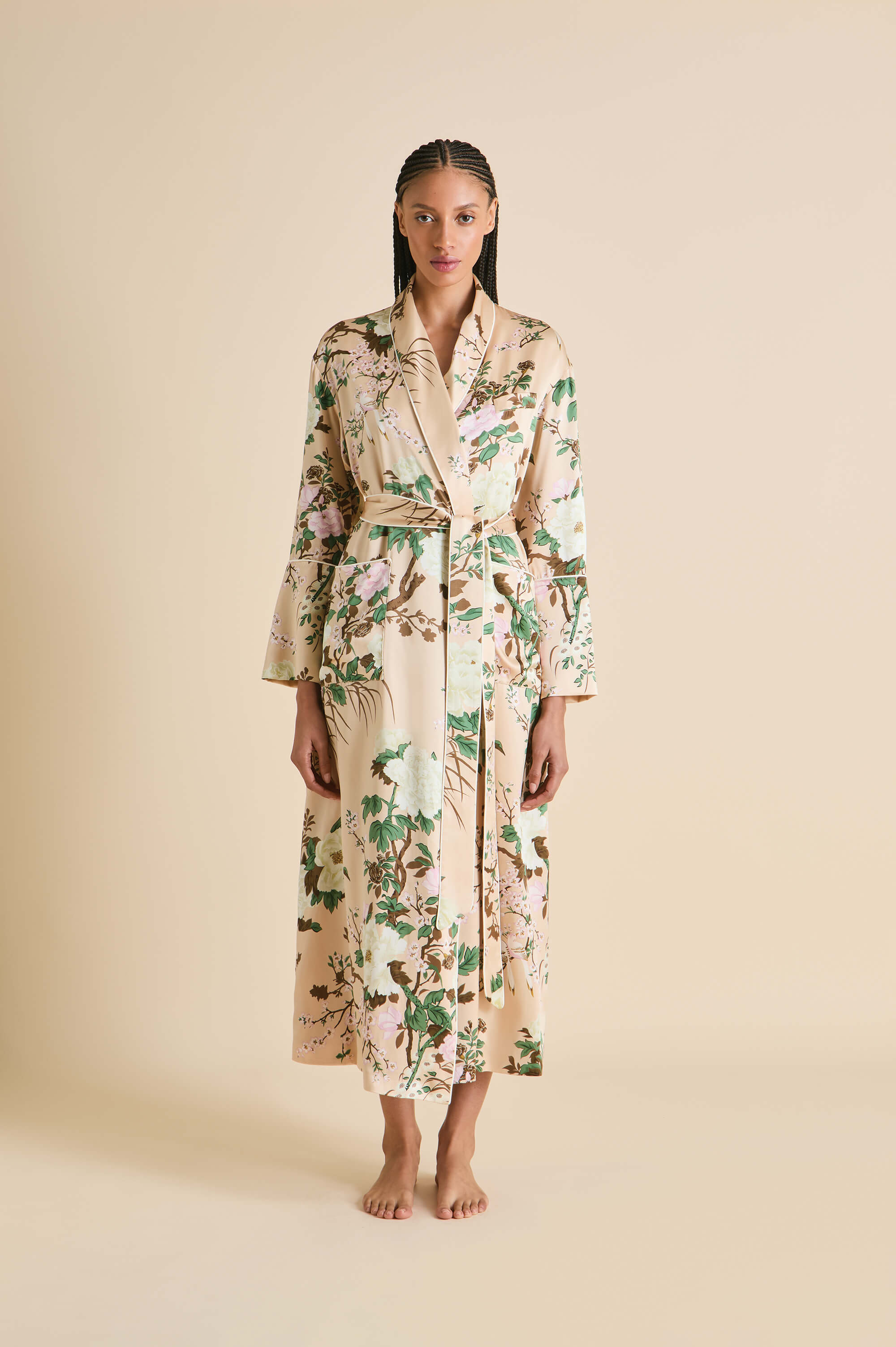 Capability Tirtoff Cream Floral Robe in Silk Satin