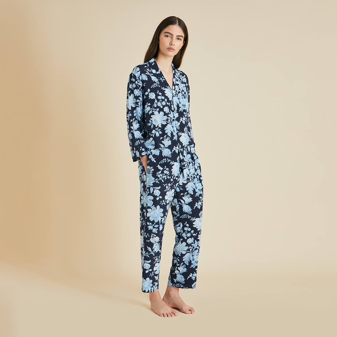 Casablanca Alcides Blue Floral Pajamas in Silk Crêpe de Chine | Olivia ...