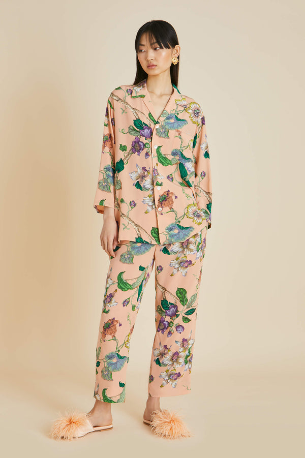 Casablanca Andromeda Pink Floral Pajamas in Silk Crêpe de Chine
