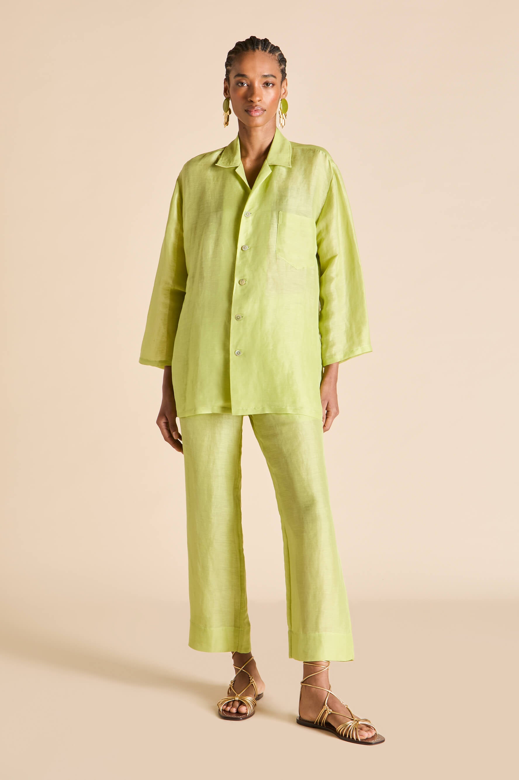 Casablanca Celery Green Pajamas in Linen-Silk