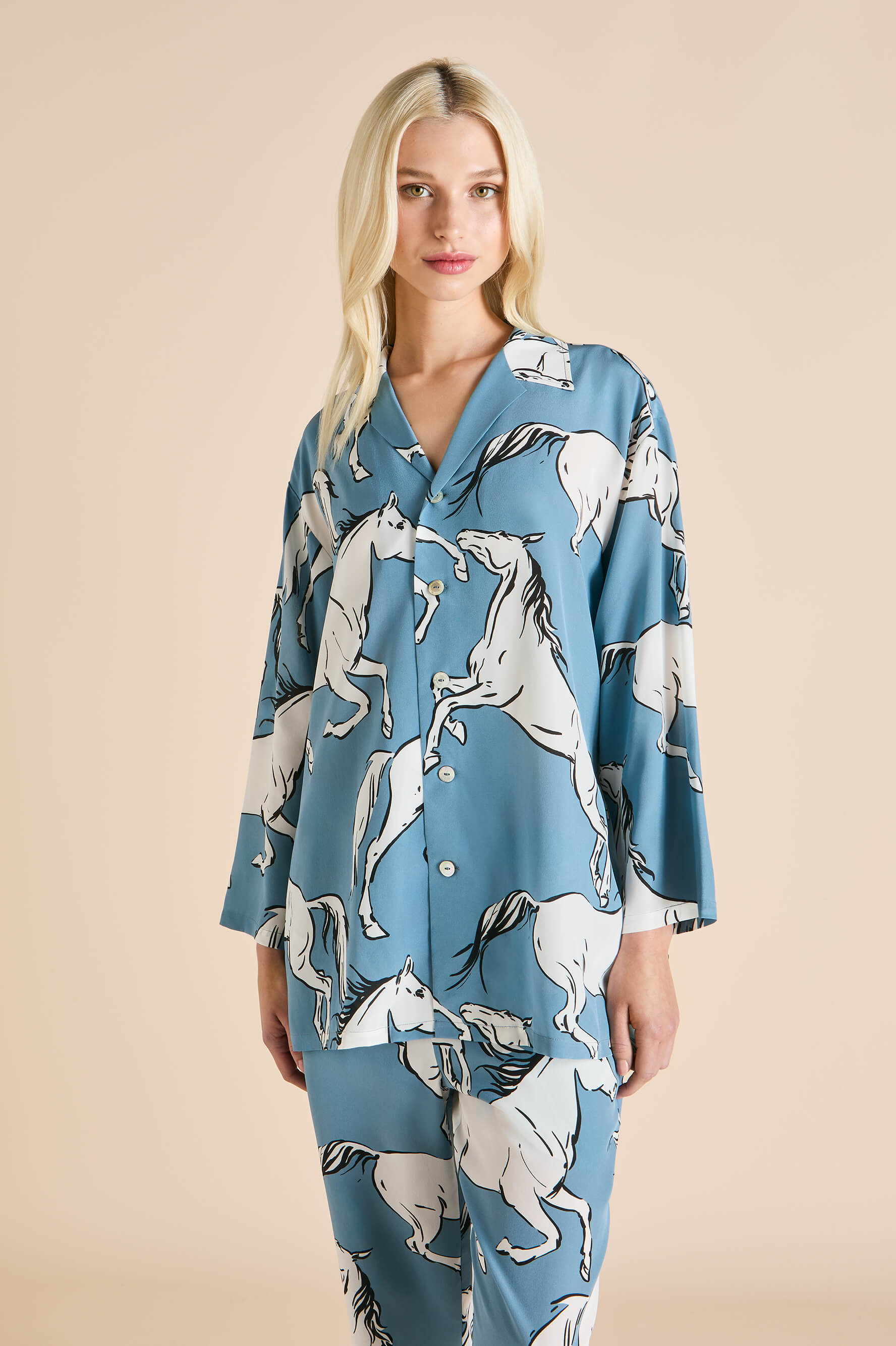 Casablanca Cordelia Blue Horse Pajamas in Silk Crêpe de Chine