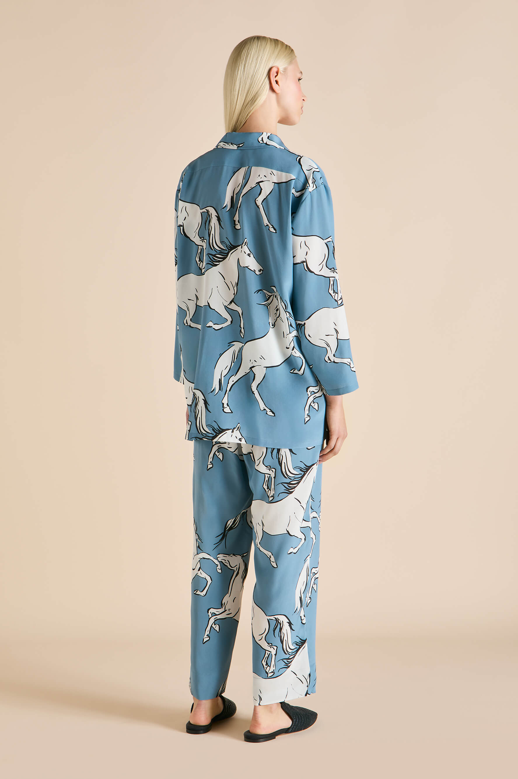 Casablanca Cordelia Blue Horse Pajamas in Silk Crêpe de Chine