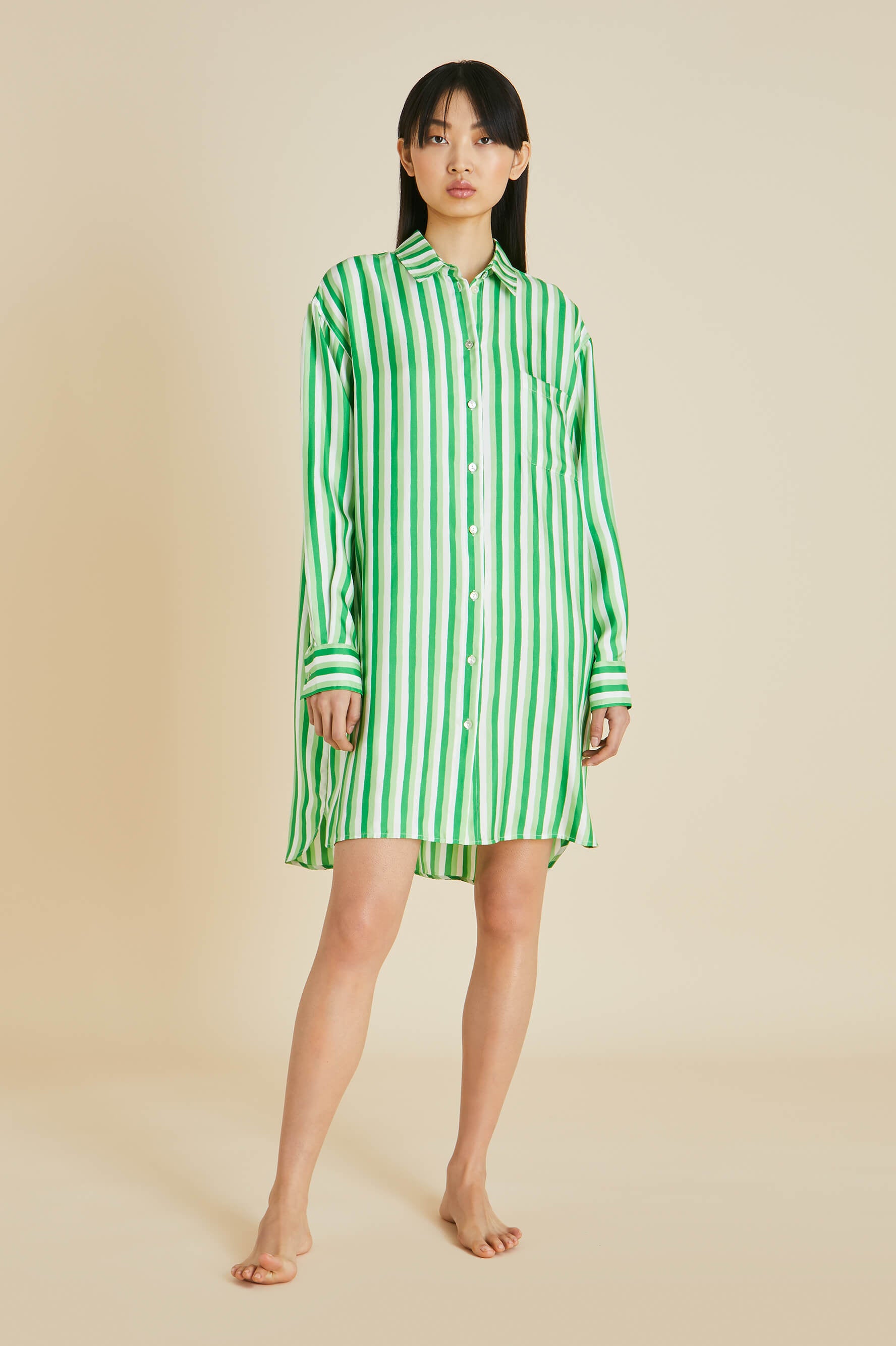 Celeste Piscis Green Stripe Silk Twill Nightshirt