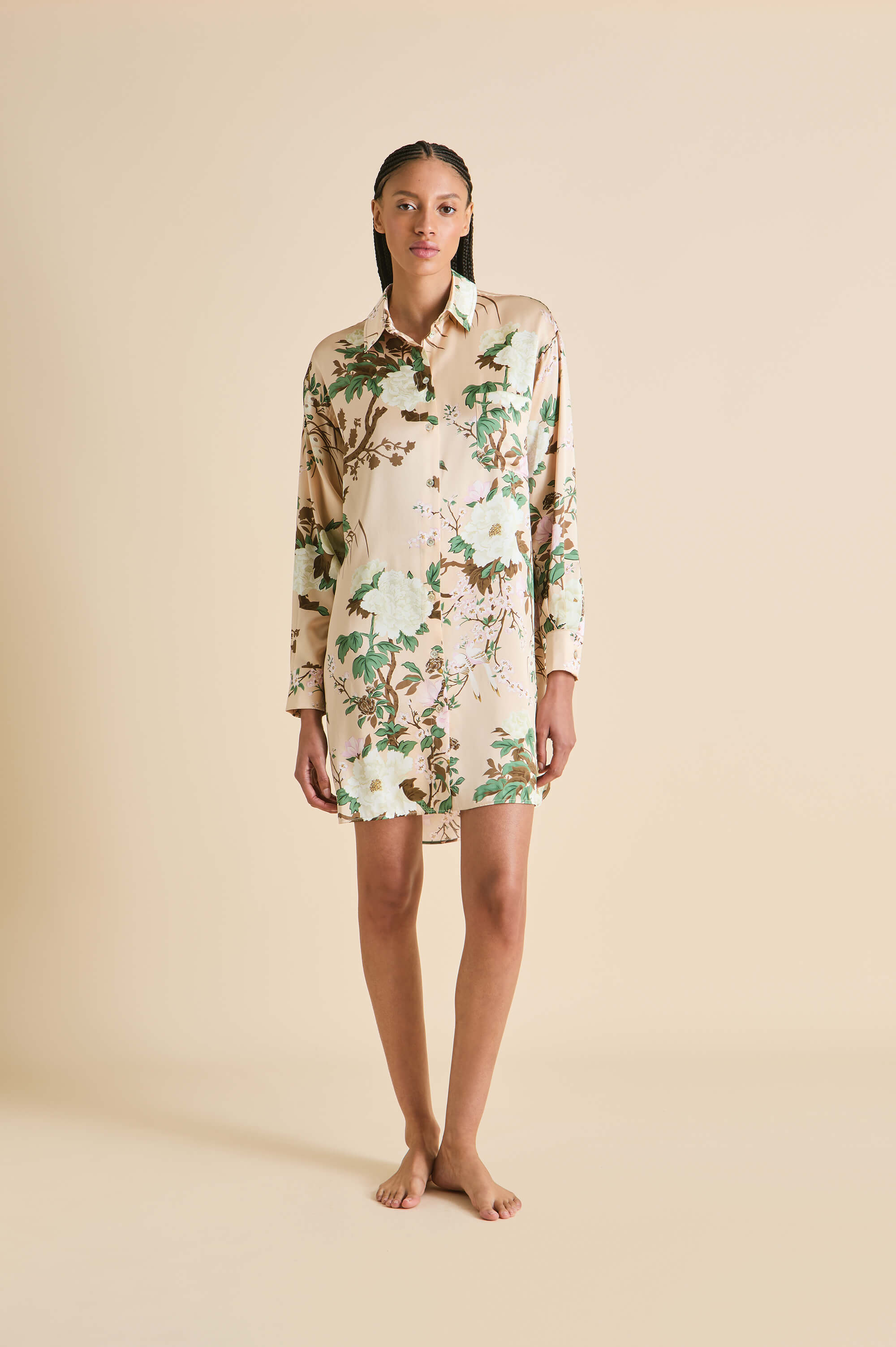 Celeste Tirtoff Cream Floral Nightshirt in Silk Satin