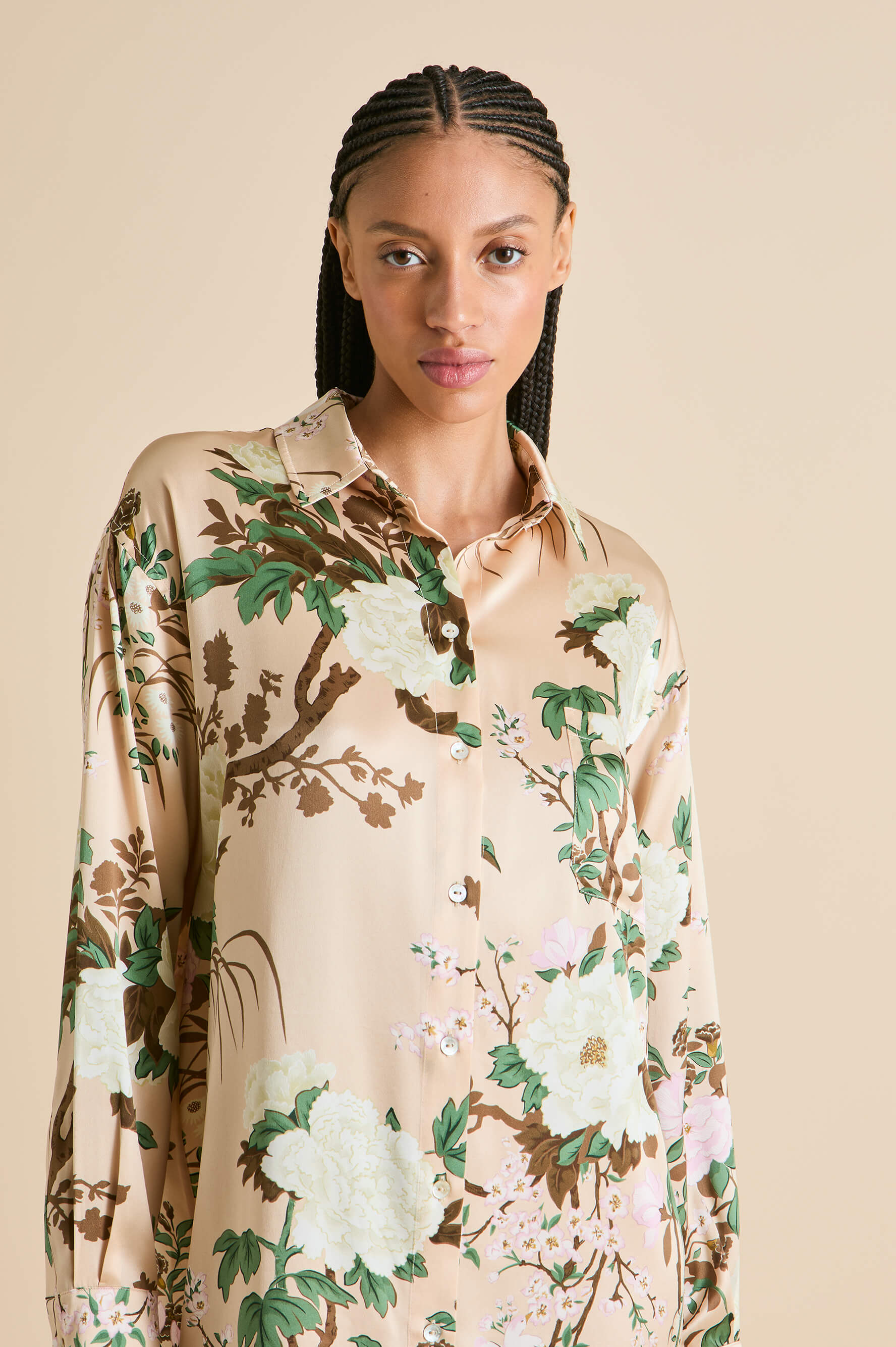 Celeste Tirtoff Cream Floral Nightshirt in Silk Satin