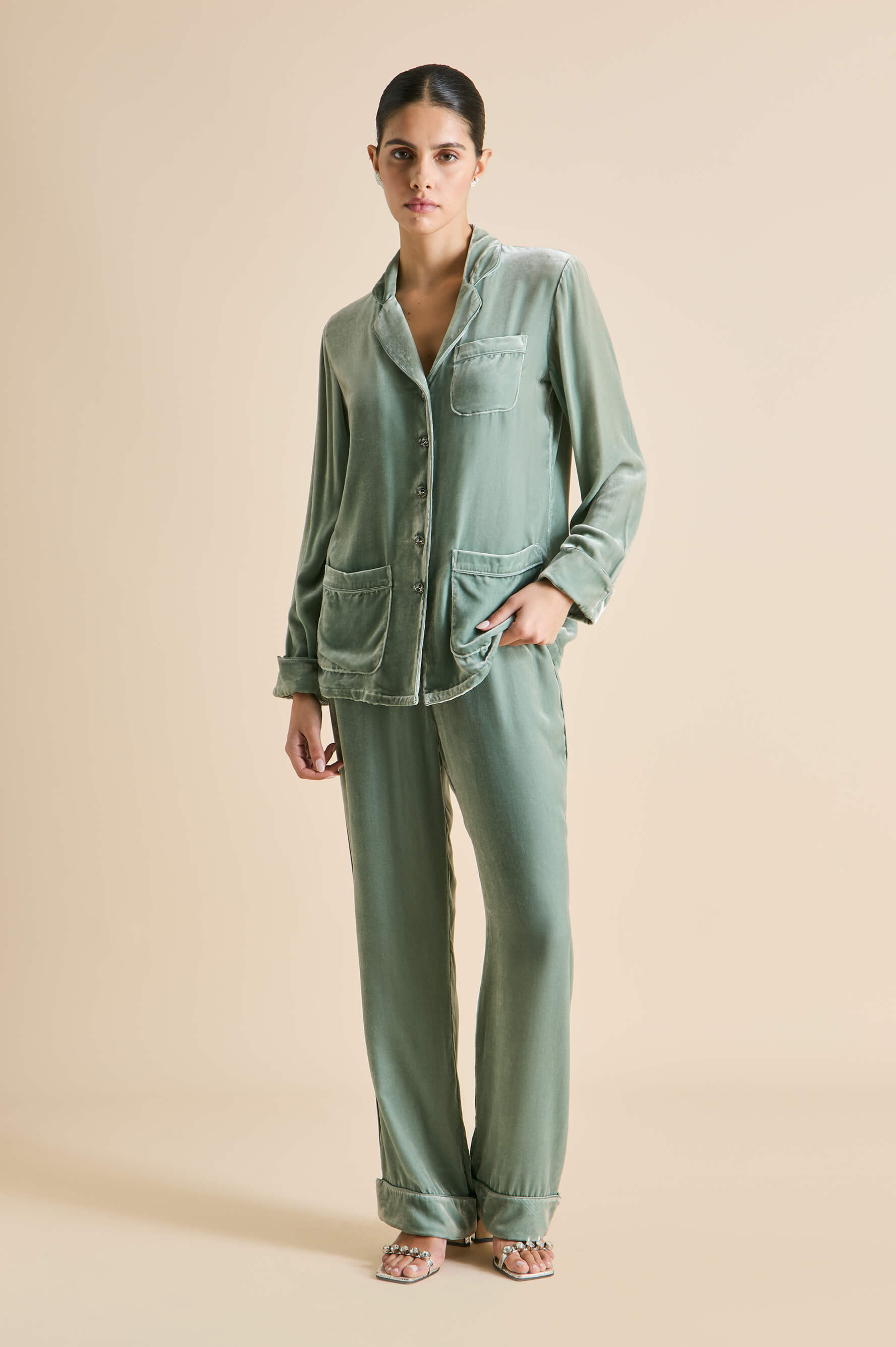 Coco Ash Green Pajamas in Silk Velvet