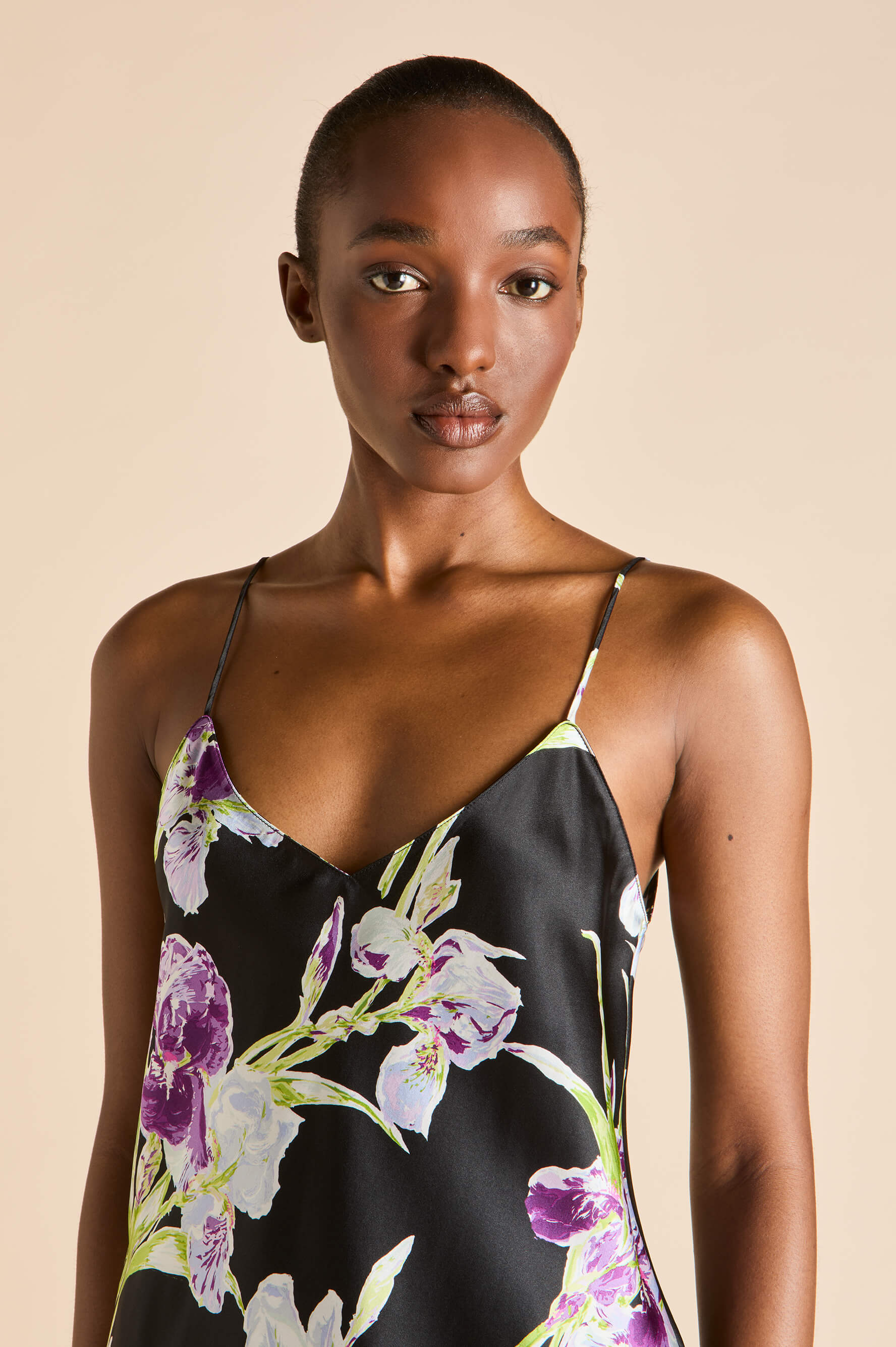 Elle Athena Black Floral Camisole Set in Silk Satin