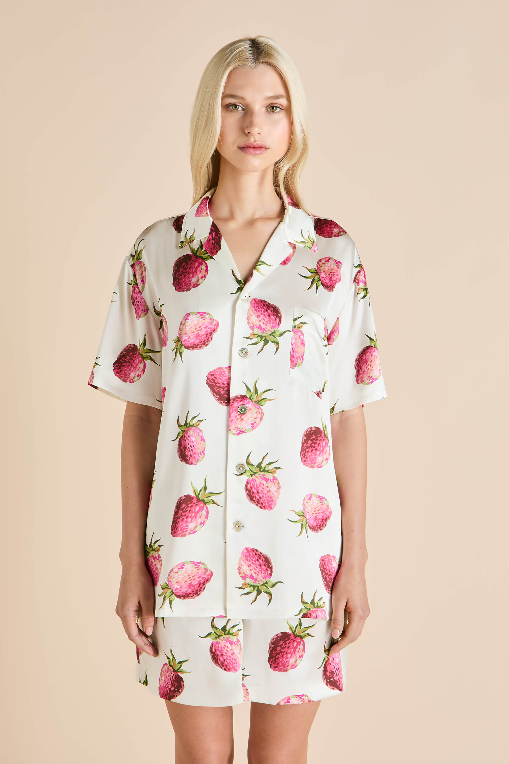 Emeli Blythe Ivory Strawberry Pajamas in Silk Satin