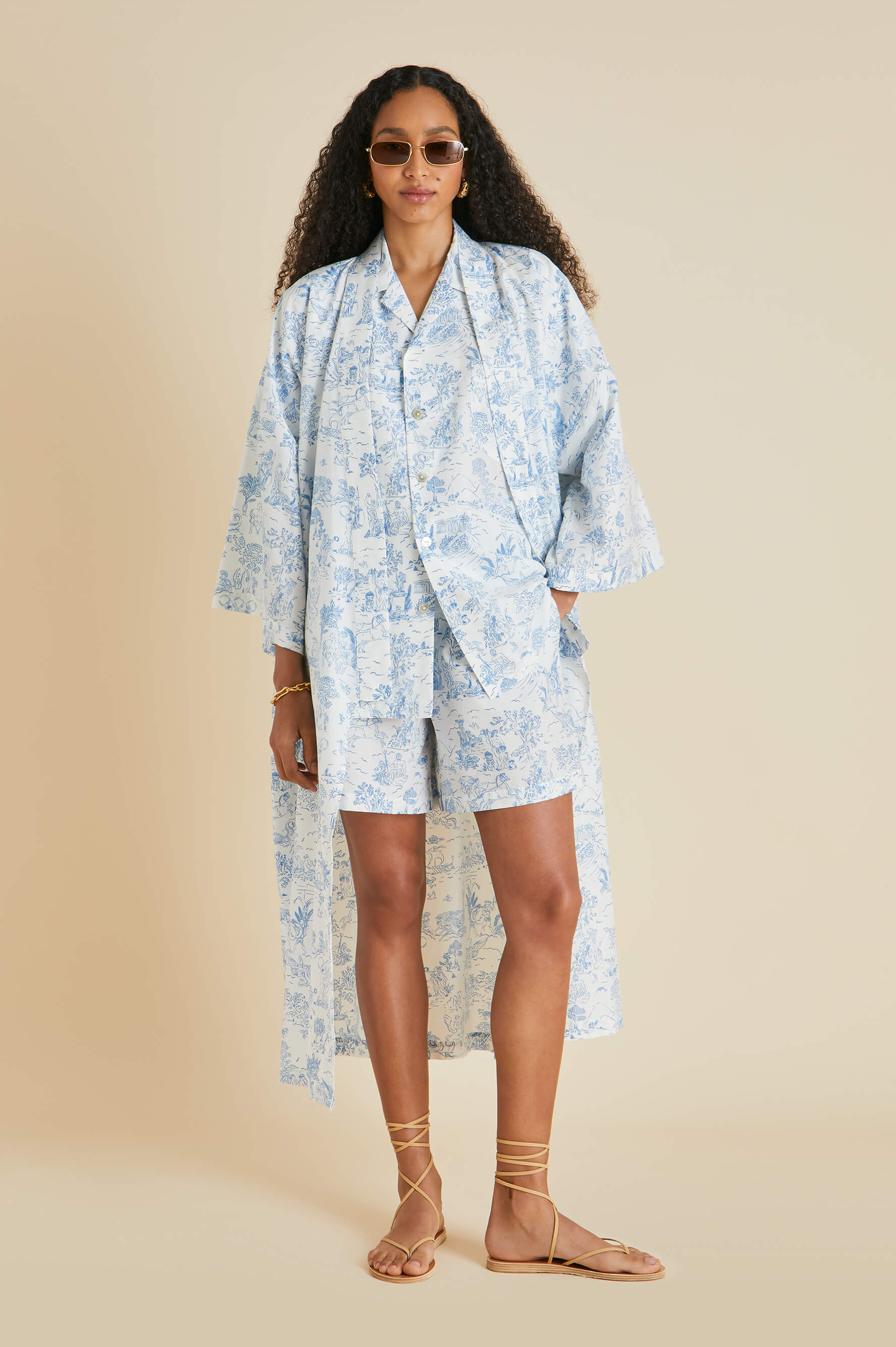 Emeli Eros Ivory Toile de Jouy Pajamas in Cotton-Silk