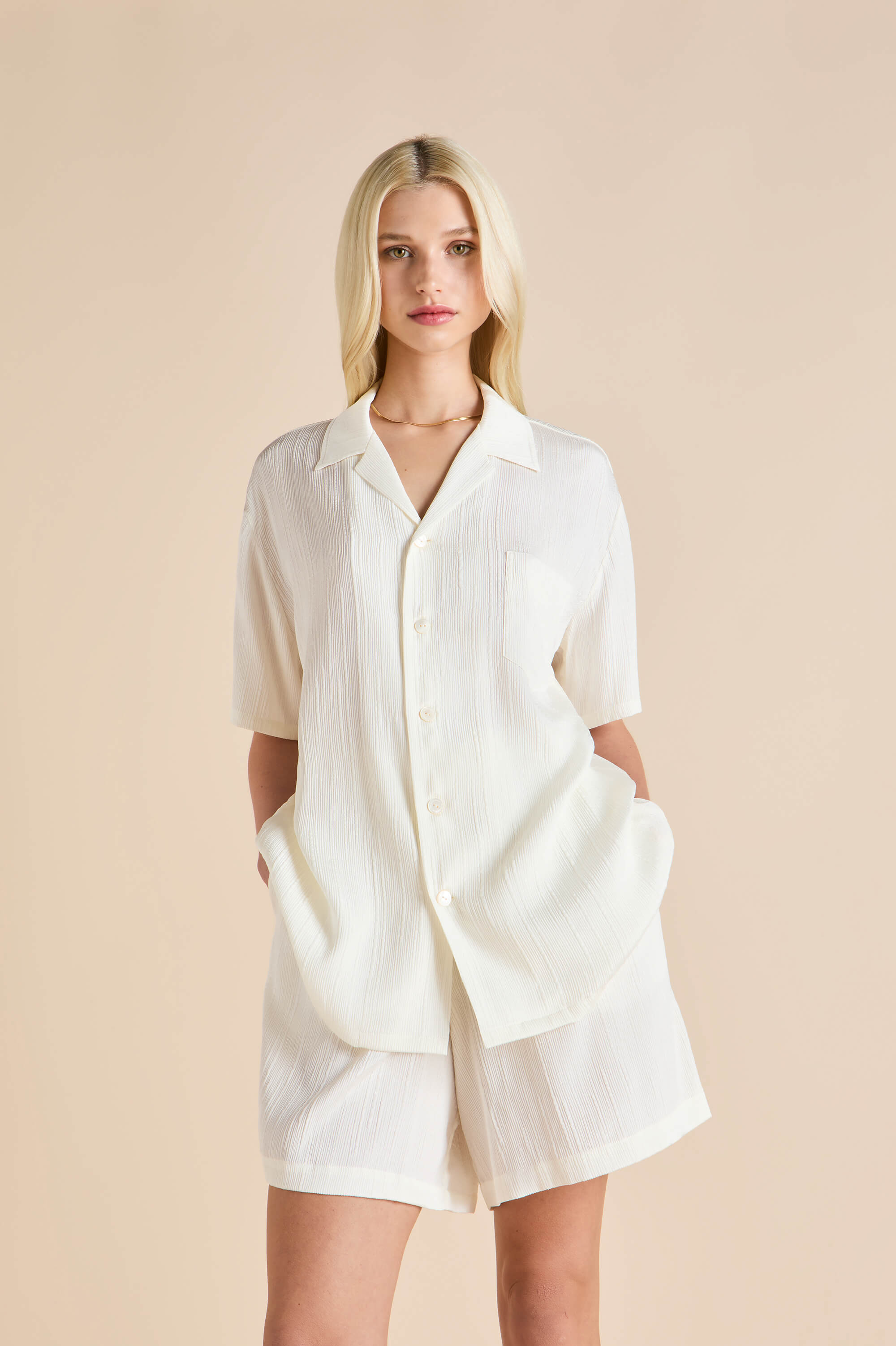 Emeli Tabitha Ivory Pajamas in Crinkled Silk Satin