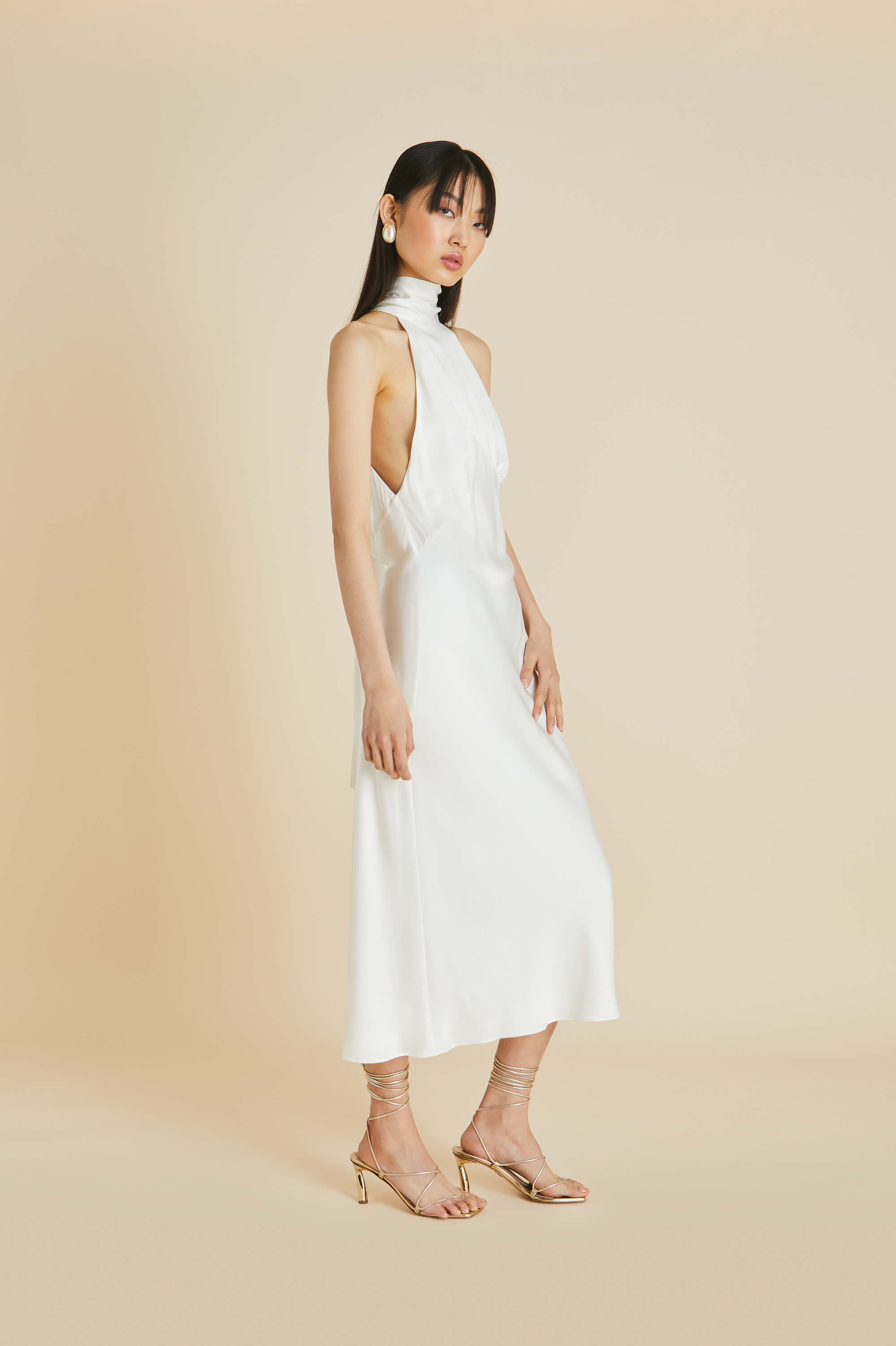 Greta Ivory Halterneck Dress in Silk Satin | Olivia von Halle