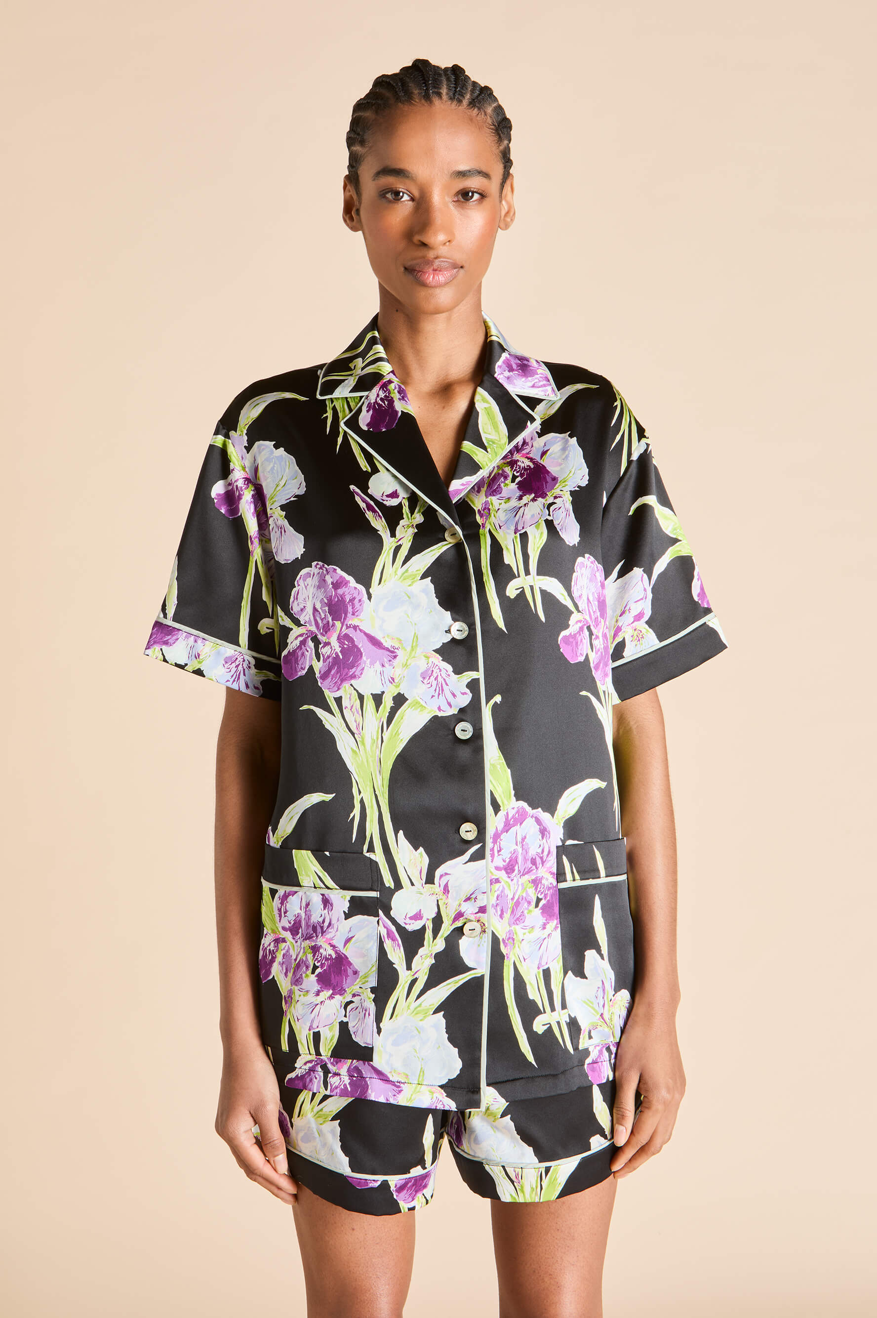 Ingo Athena Black Floral Pajamas in Silk Satin
