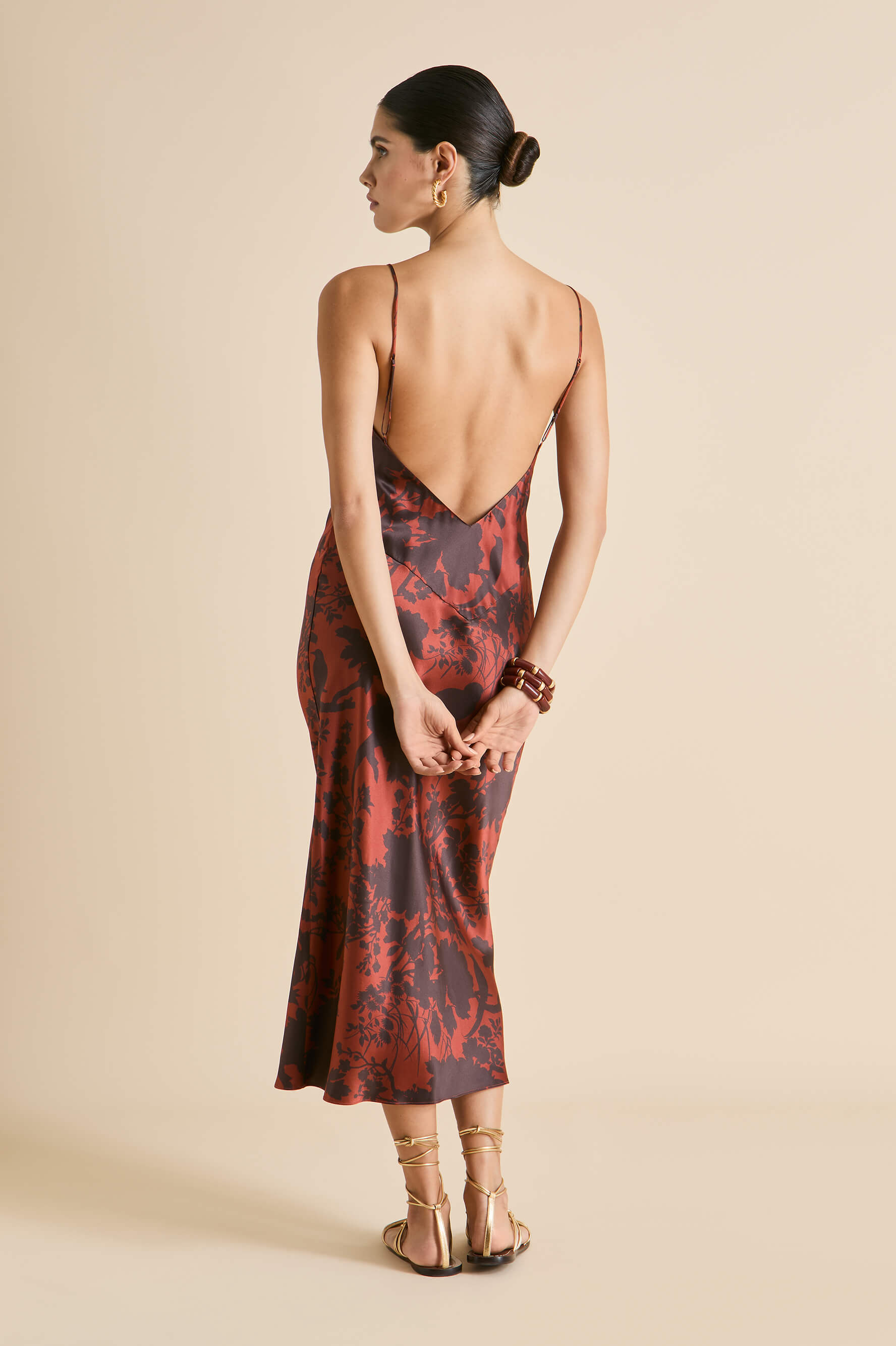 Issa Lalanne Brown Floral Slip Dress in Silk Satin | Olivia von Halle