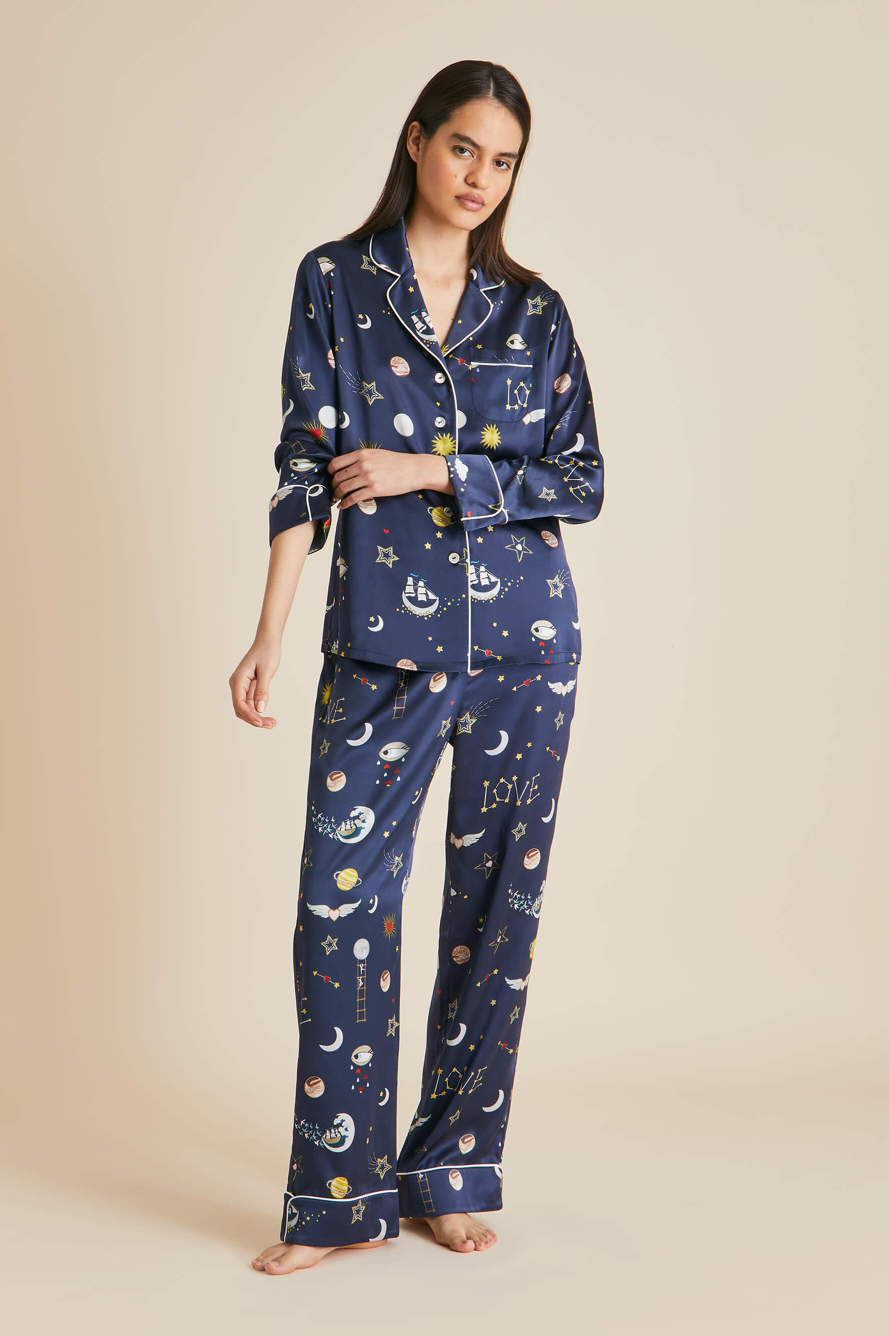 Lila Cosmic Navy Pajamas in Silk Satin Olivia von Halle