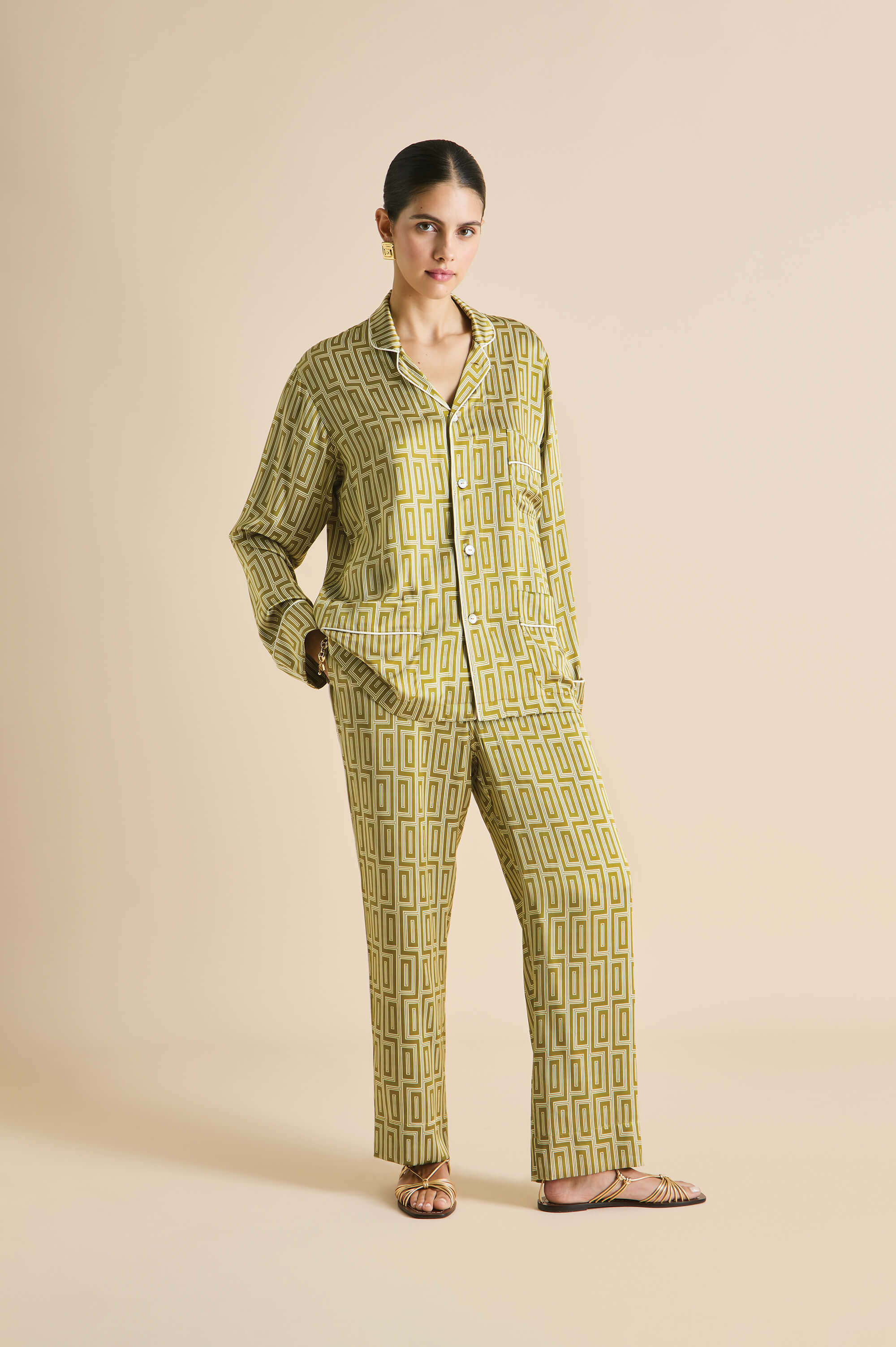 Laurent Ruhlmann Gold Geometric Pajamas in Silk Satin