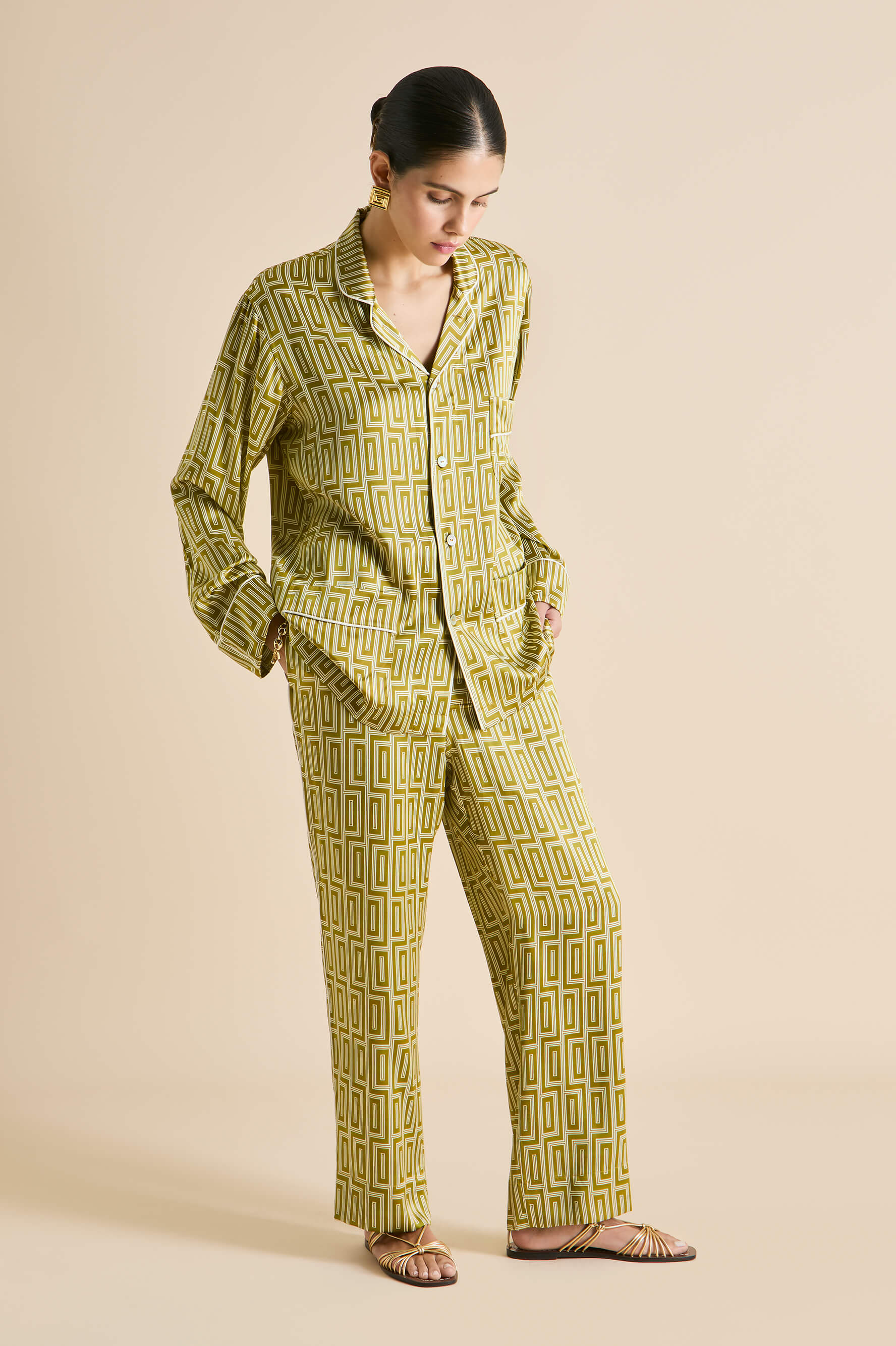 Laurent Ruhlmann Gold Geometric Pajamas in Silk Satin