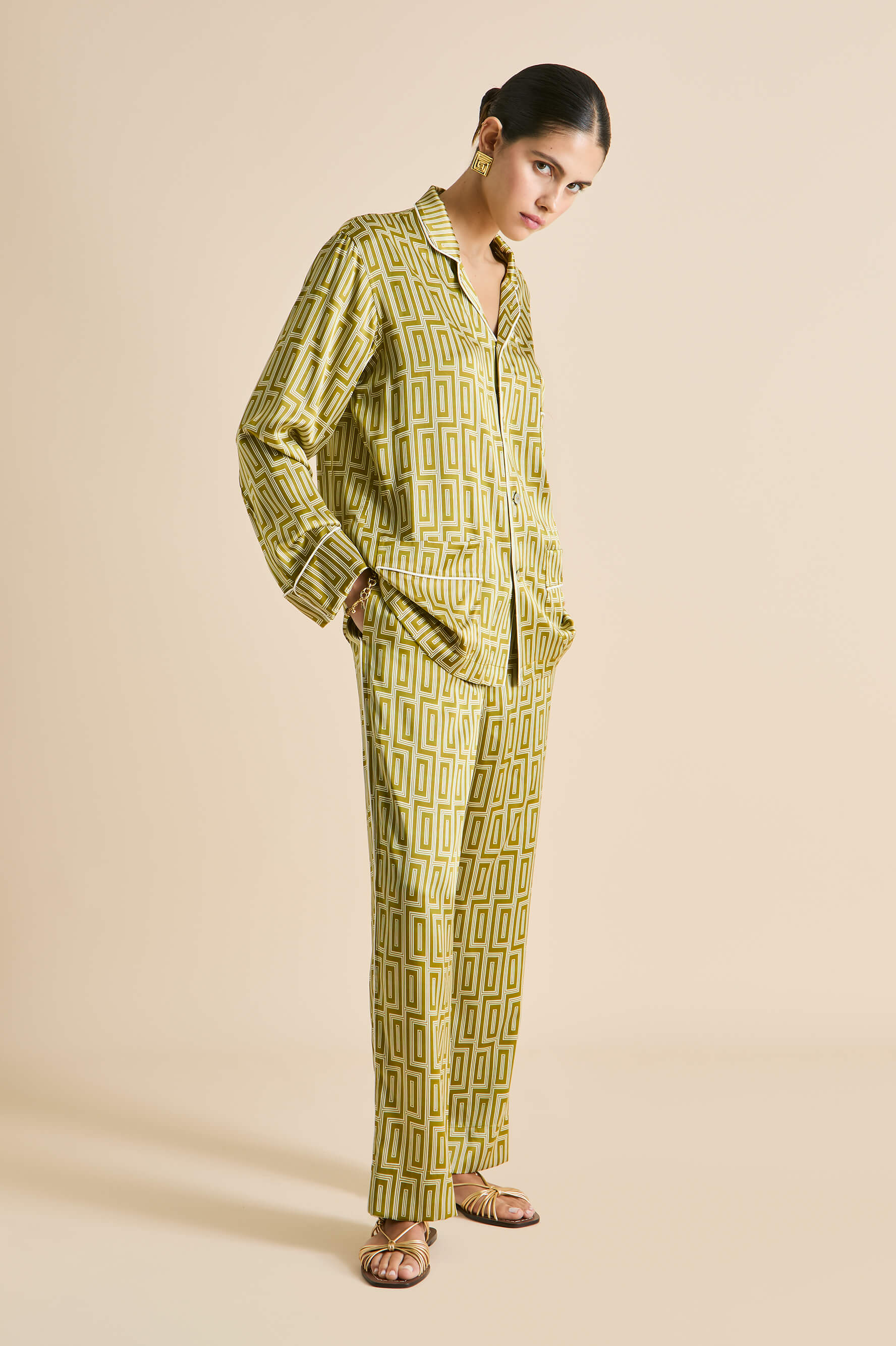 Laurent Ruhlmann Gold Geometric Pajamas in Silk Satin