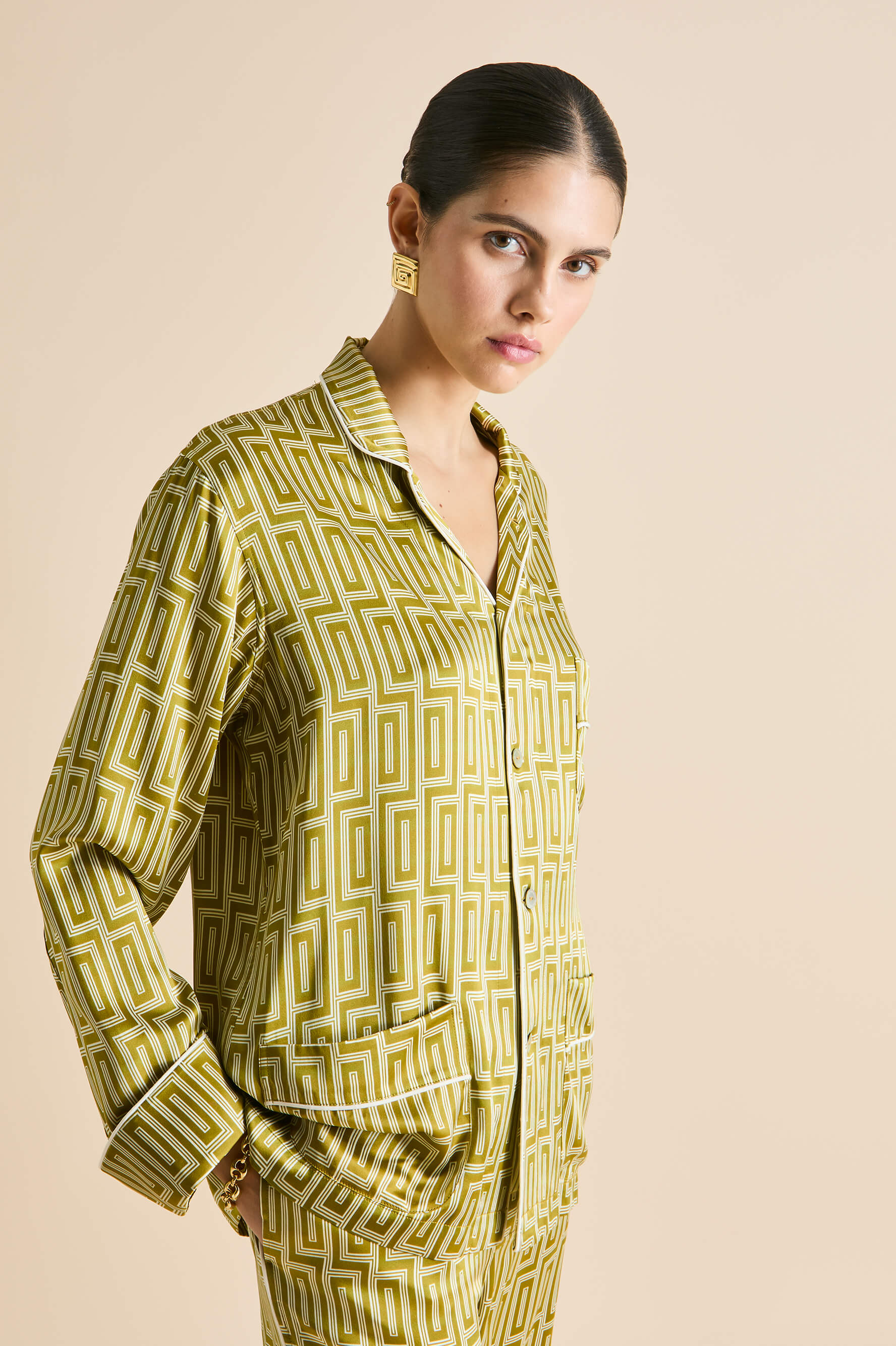 Laurent Ruhlmann Gold Geometric Pajamas in Silk Satin