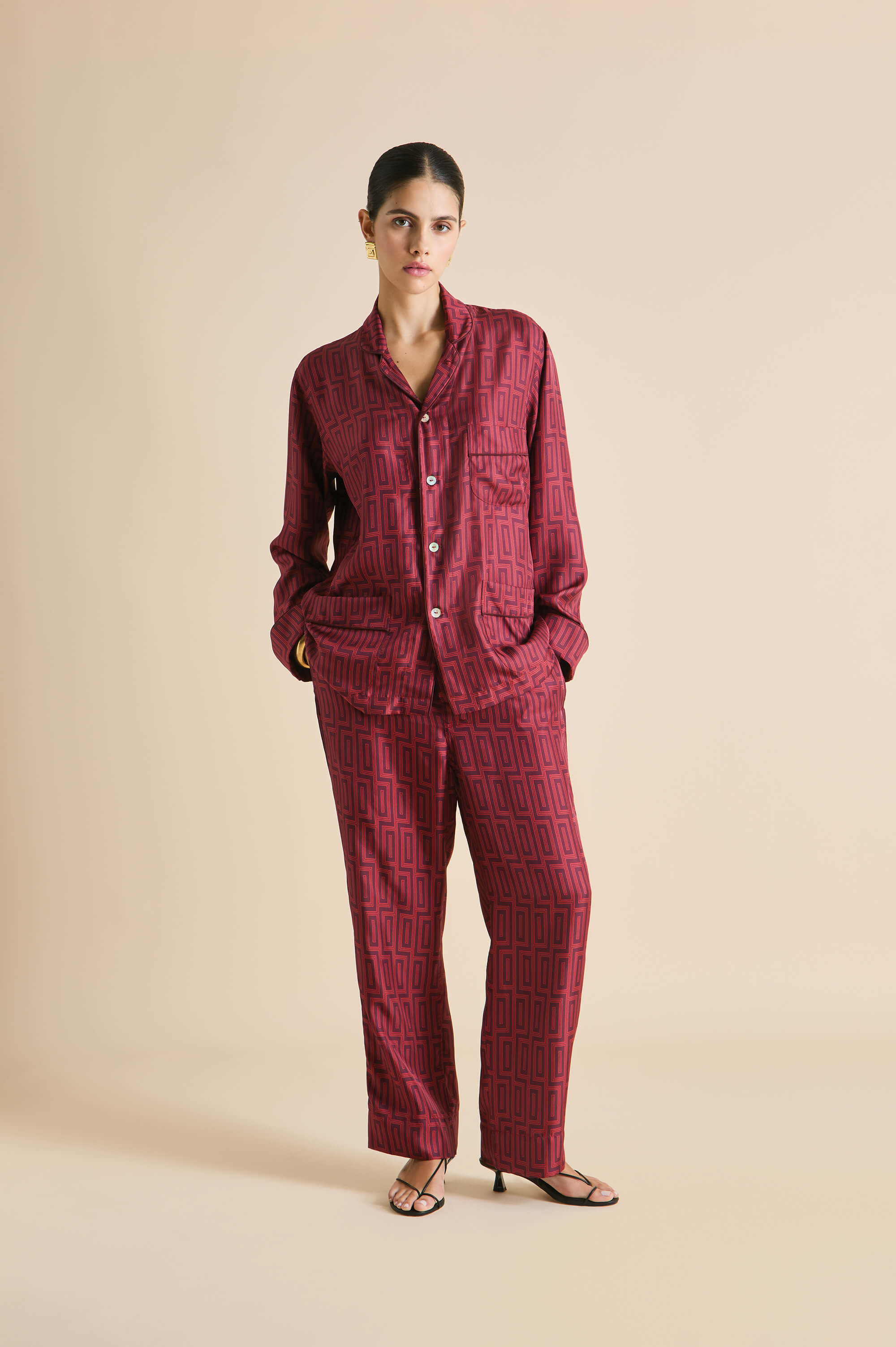 Laurent Ruspoli Red Geometric Pajamas in Silk Twill