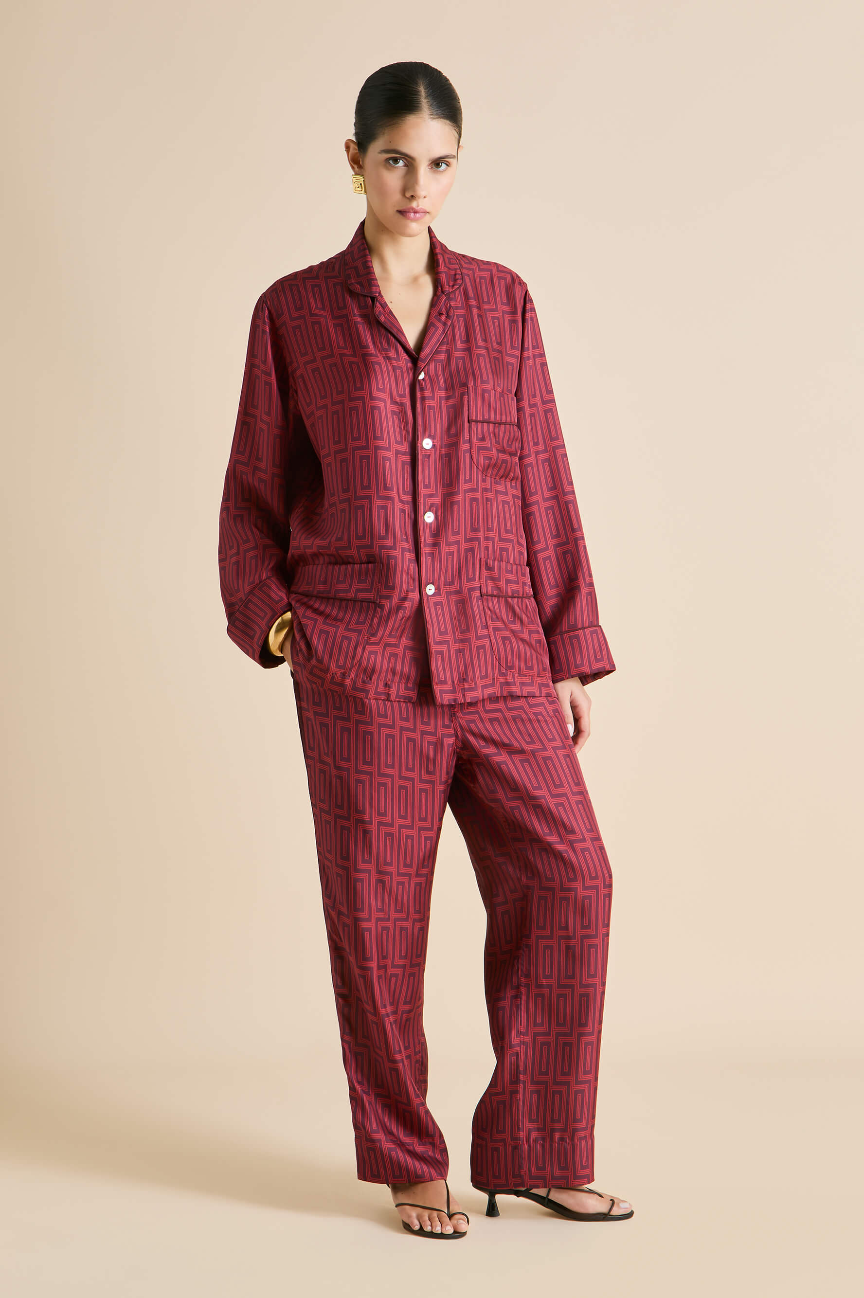 Laurent Ruspoli Red Geometric Pajamas in Silk Twill