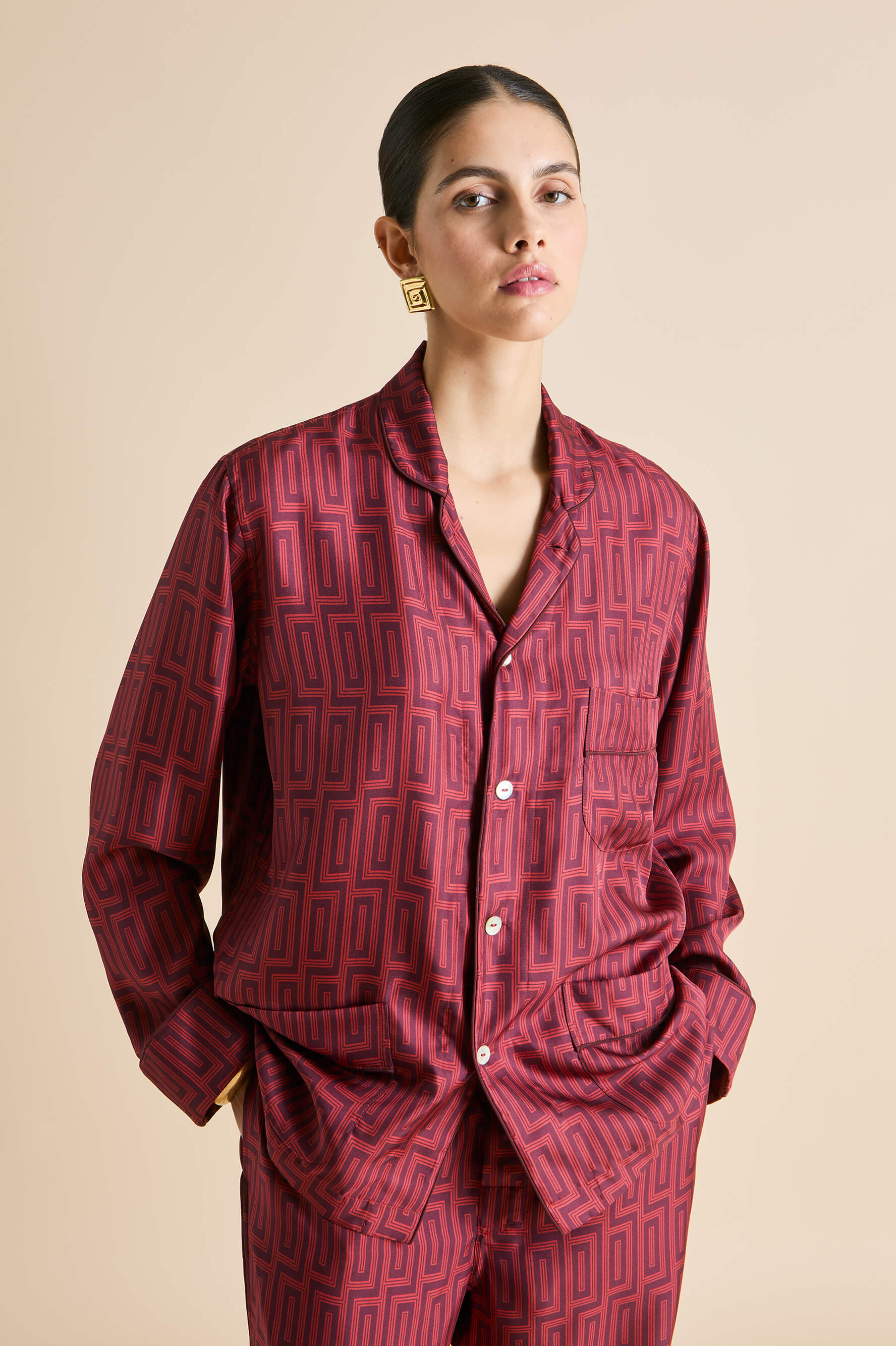 Laurent Ruspoli Red Geometric Pajamas in Silk Twill