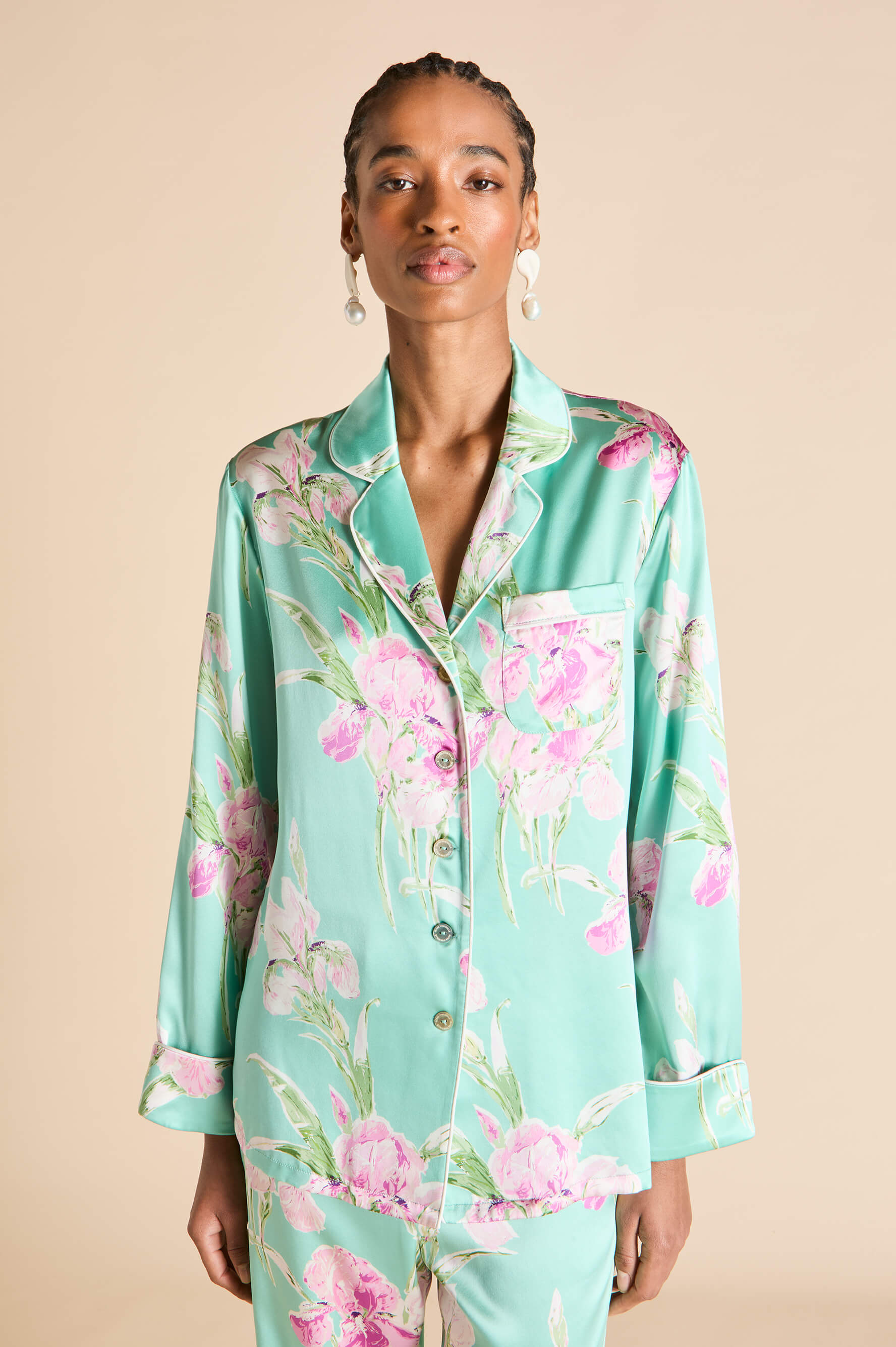 Lila Abalone Turquoise Floral Pajamas in Silk Satin