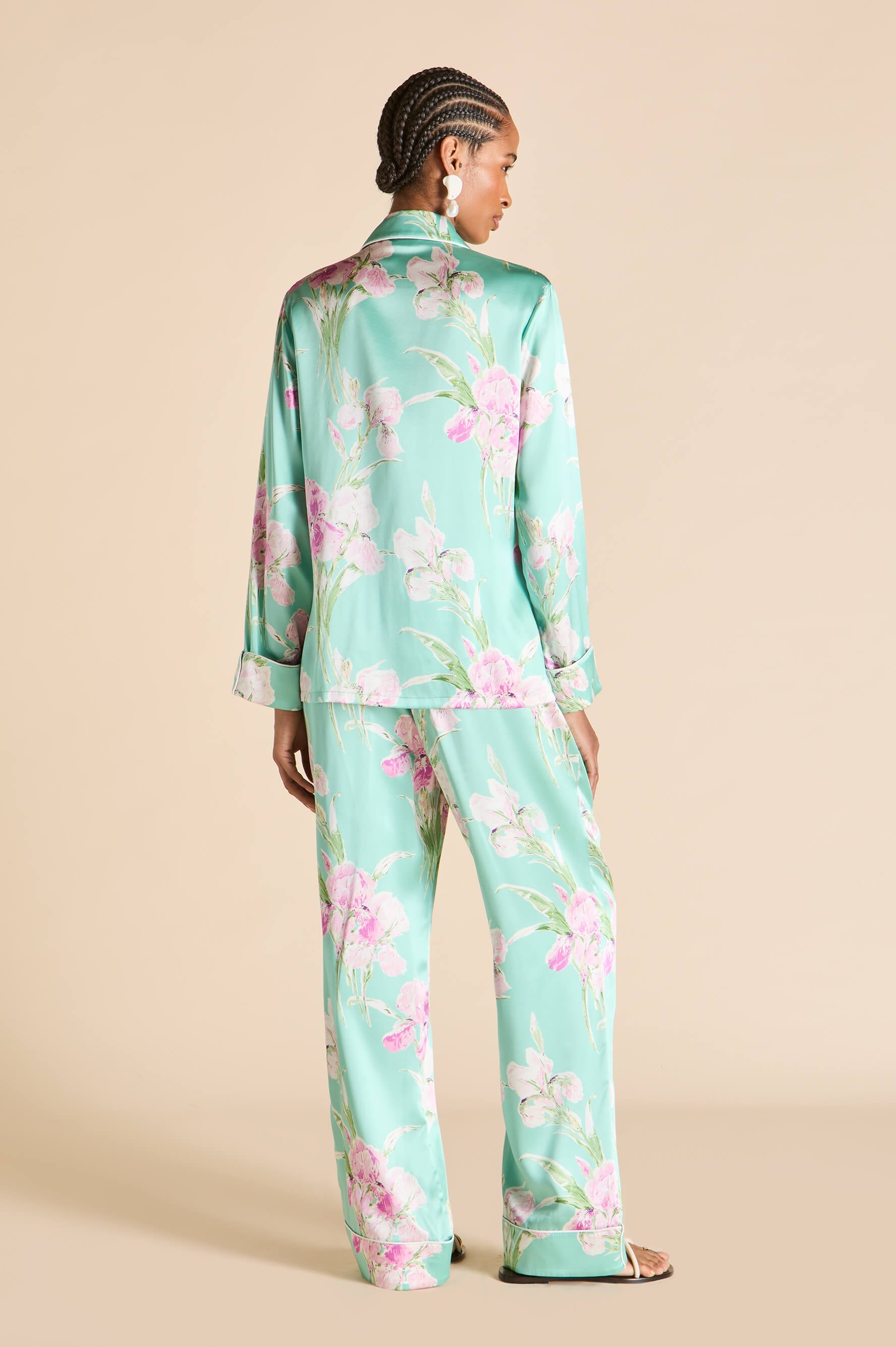 Lila Abalone Turquoise Floral Pajamas in Silk Satin