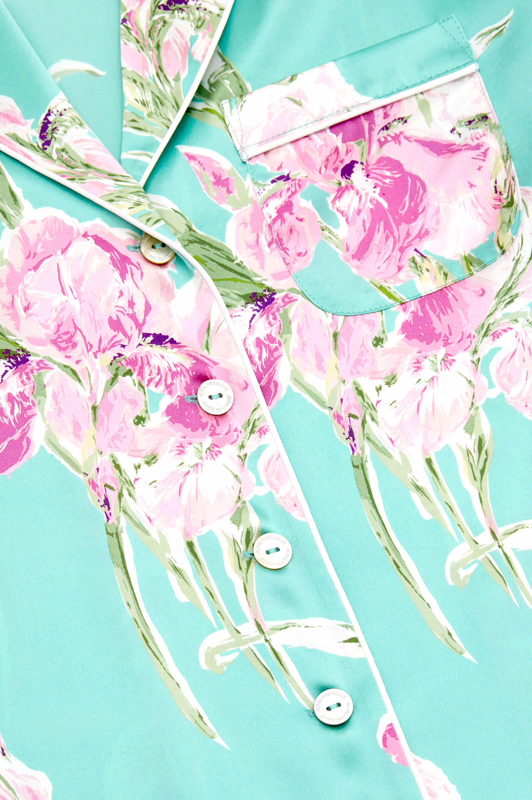 Lila Abalone Turquoise Floral Pajamas in Silk Satin