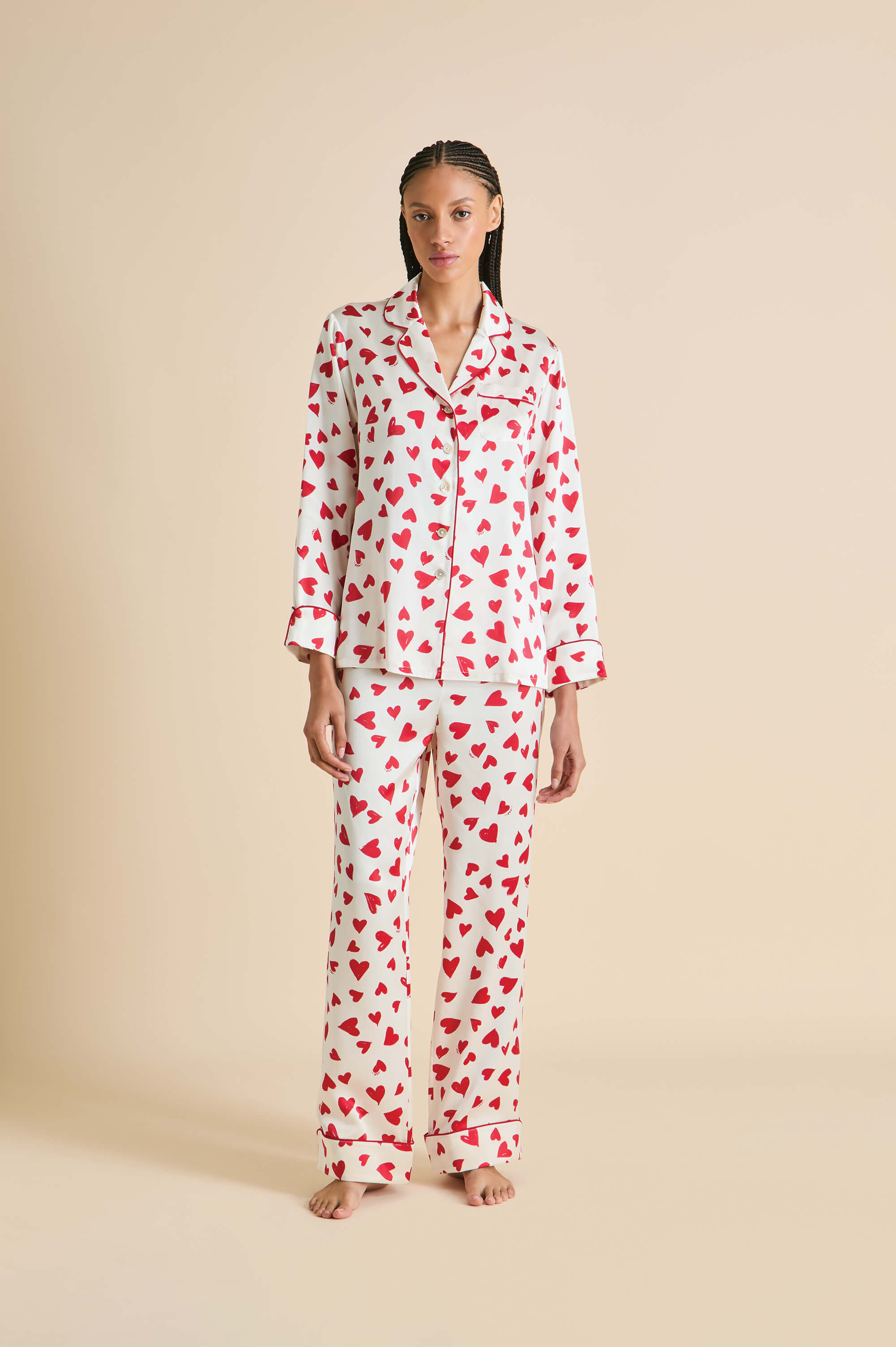 Lila Amore Red Heart Pajamas in Silk Satin