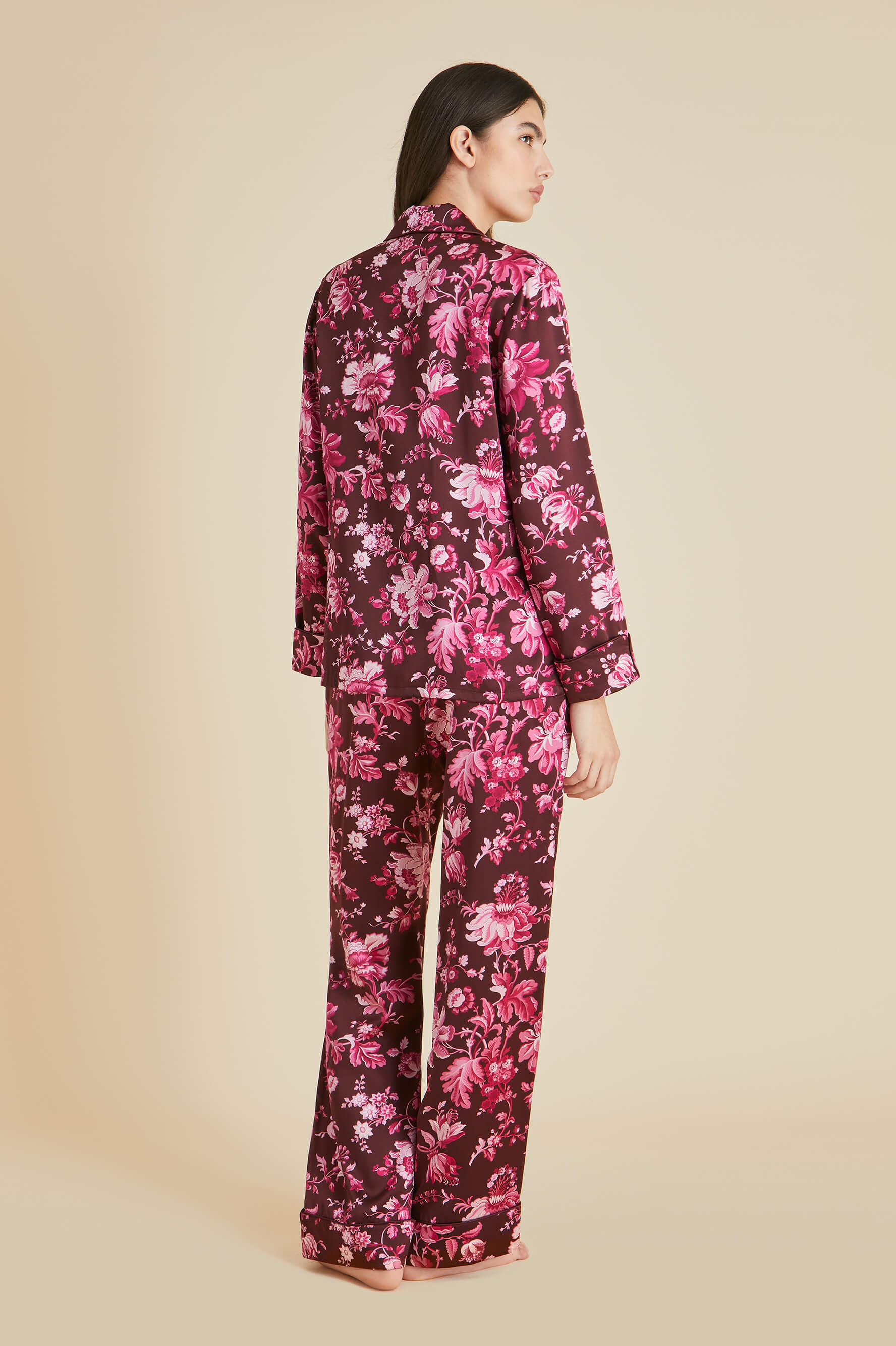 Lila Aphrodite Burgundy Floral Pajamas in Silk Satin