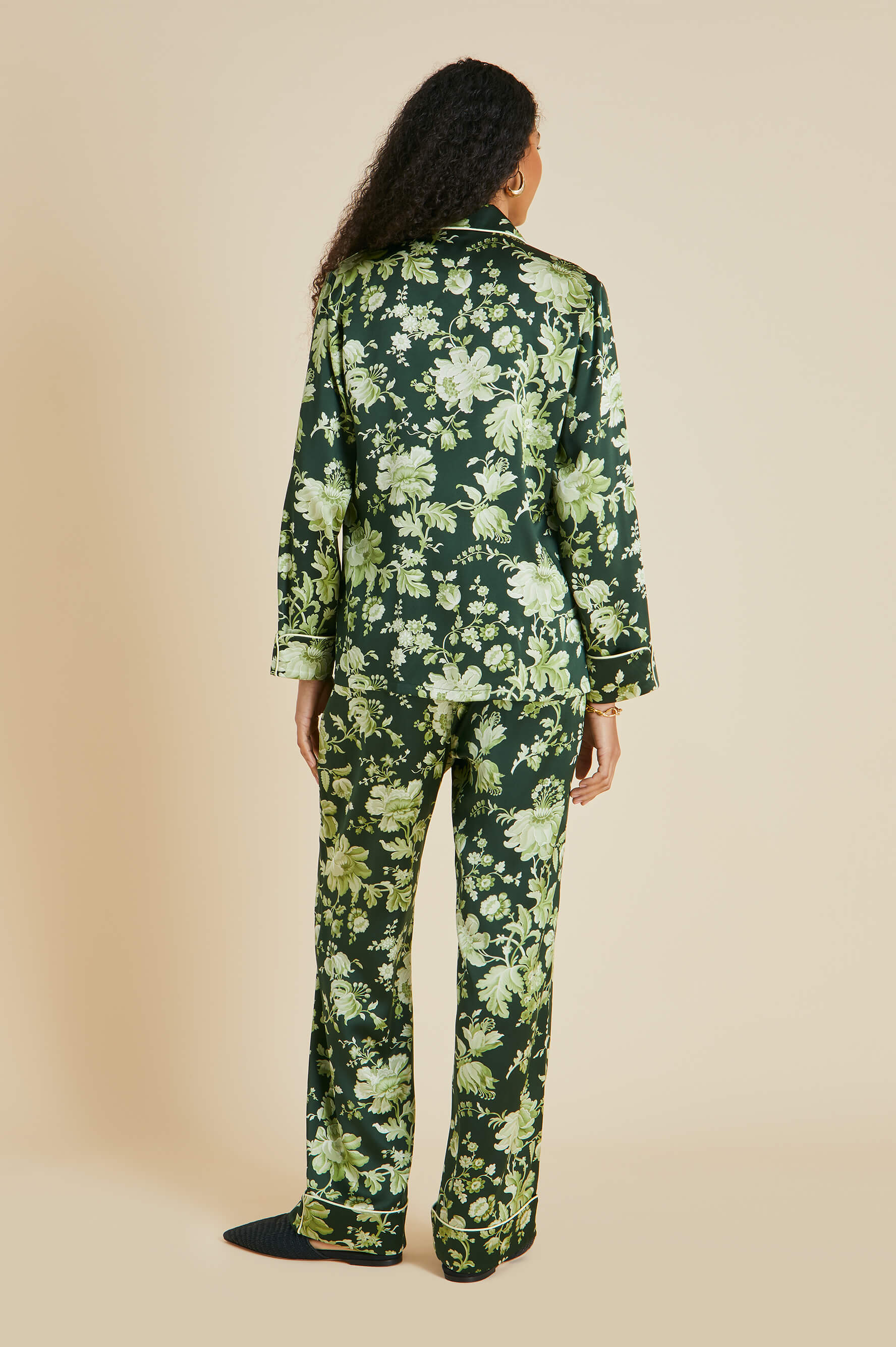 Lila Ares Green Floral Pajamas in Silk Satin