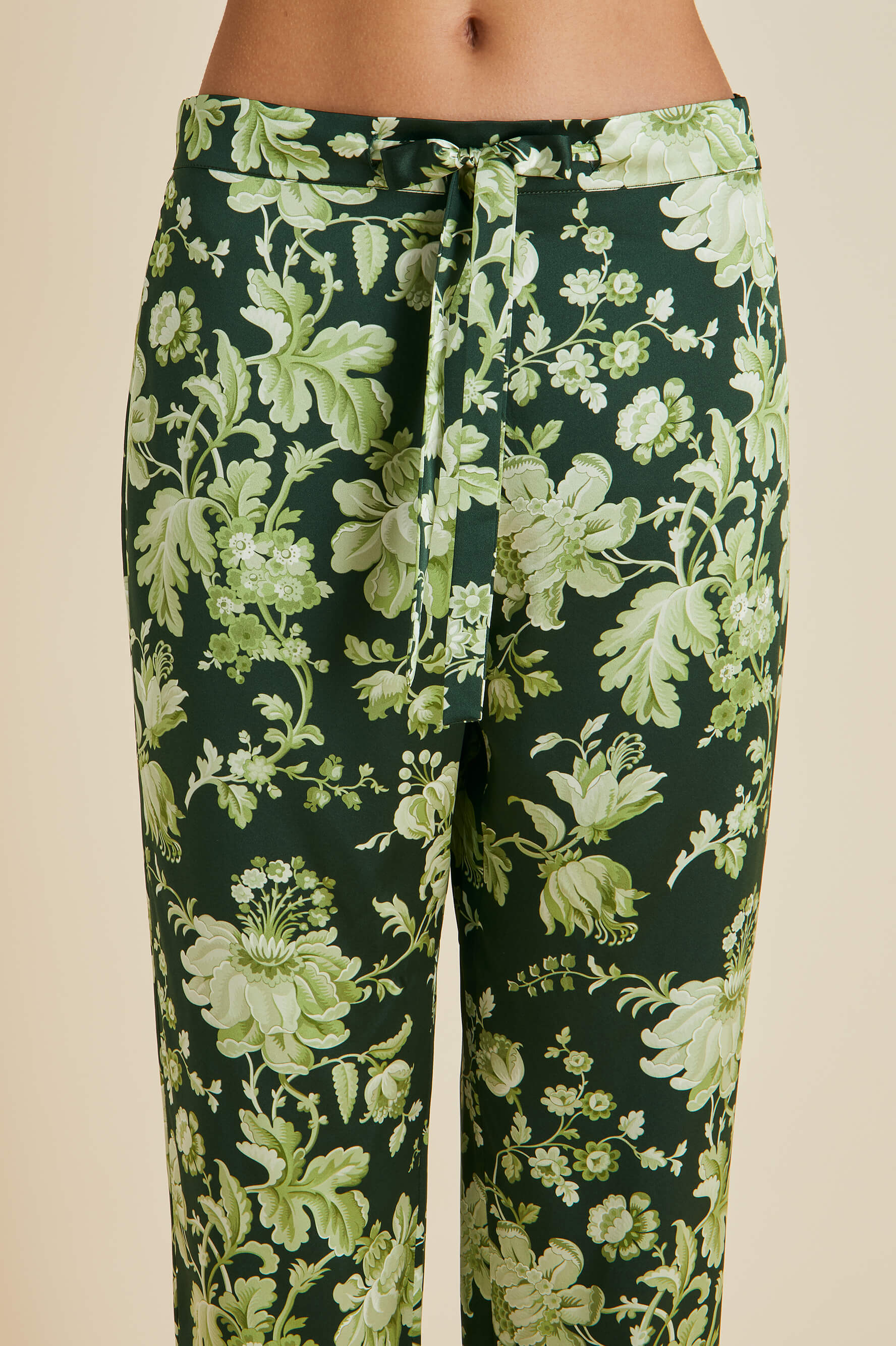 Lila Ares Green Floral Pajamas in Silk Satin